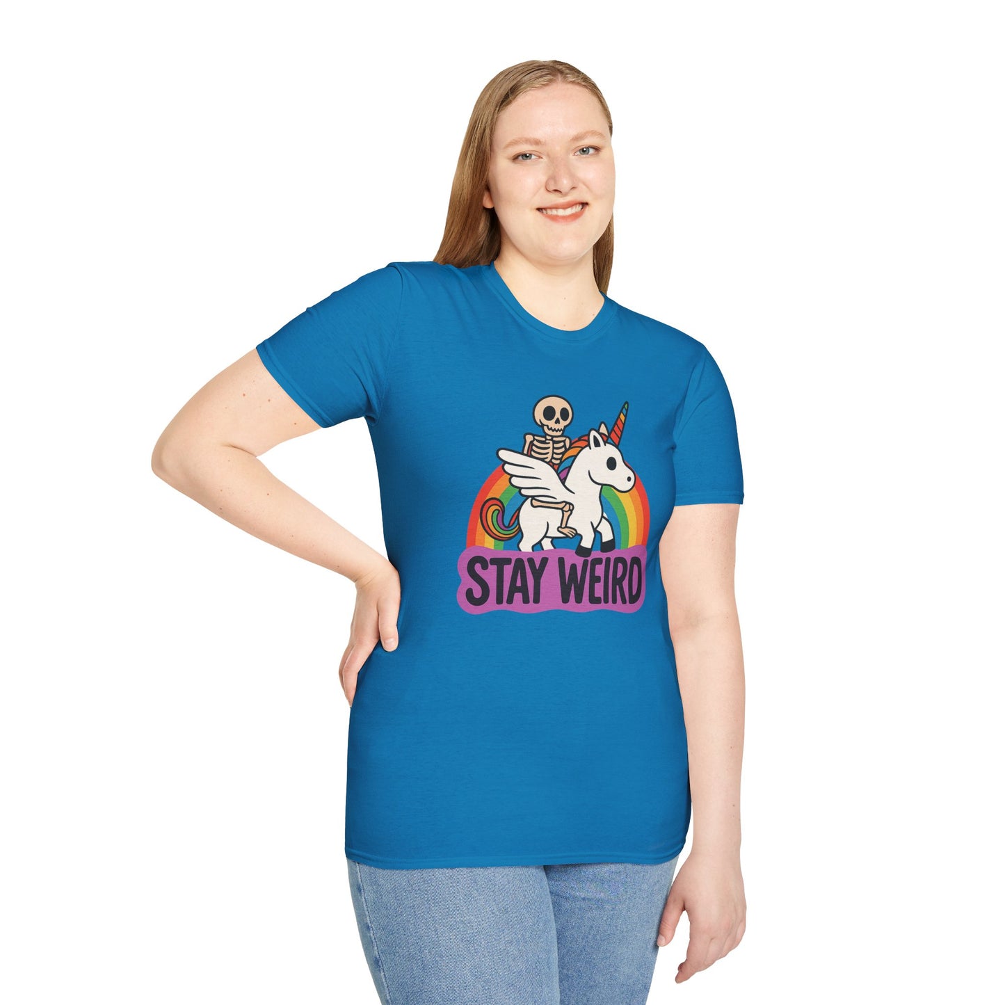 Stay Weird Skeleton Unicorn Shirt – Funny Rainbow Graphic Tee – Whimsical Weirdcore Clothing – Gift for Quirky Friends and Oddball Souls