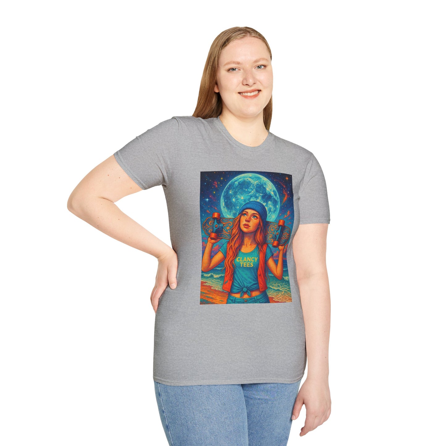 Bohemian Skater Girl Graphic Tee, Unisex T-Shirt with Moon & Nature Design, Perfect for Festivals, Gift for Nature Lovers, Summer Vibes, Casual Wear