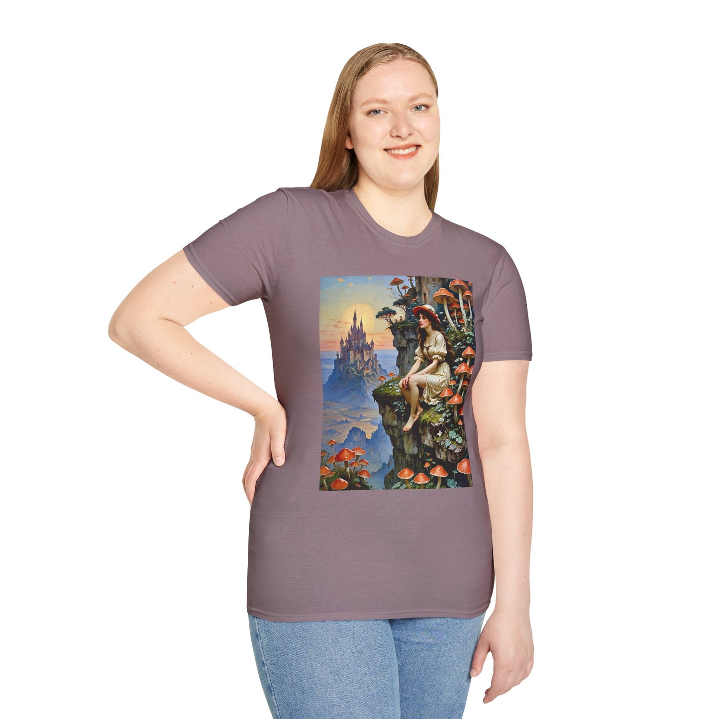 Fantasy Mushroom Fairy T-Shirt Enchanted Castle Cliffside Tee Surreal Magic Art Shirt Gift for Fantasy Fans Gift for Dreamers Psychedelic Nature Tee