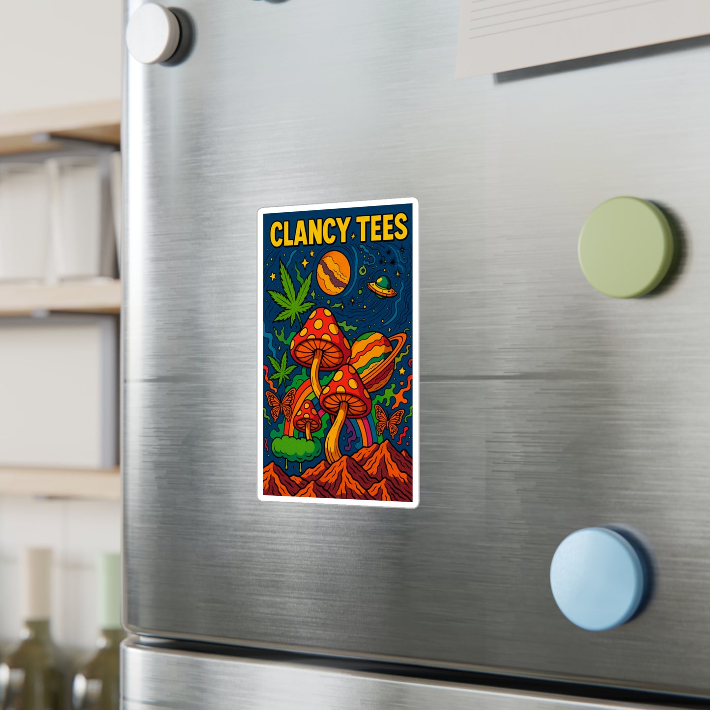 ClancyTees Psychedelic Mushroom Sticker – Kiss Cut Vinyl Decal, Trippy Space Artwork, Bold Retro Aesthetic, Gift for Stoner Friends