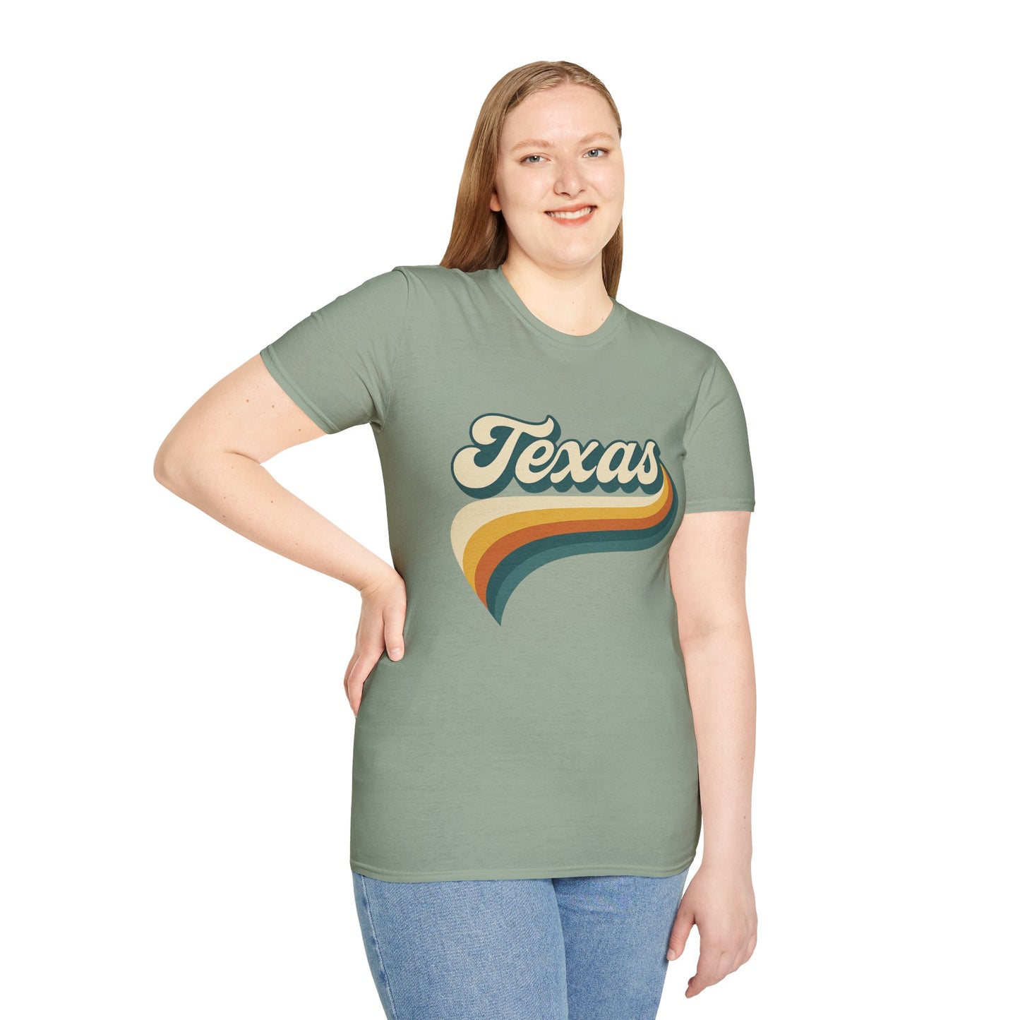 Retro Texas Shirt – Vintage Style Texas Wave Tee • Gildan Softstyle® Unisex Comfort • Gift for Texans • Groovy Southern State Pride Shirt