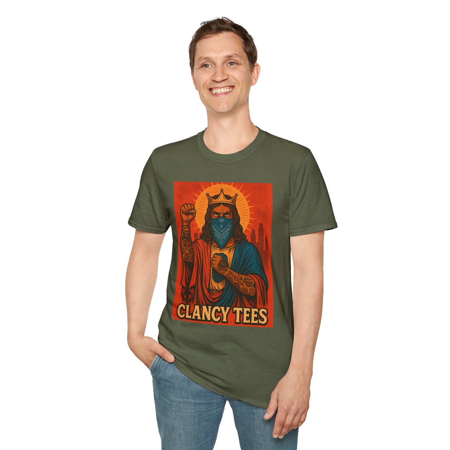 Tattooed Jesus Street Art Shirt – Clancy Tees | Urban Messiah Graphic Tee | Bold Religious Satire Shirt | King of the Block Tee