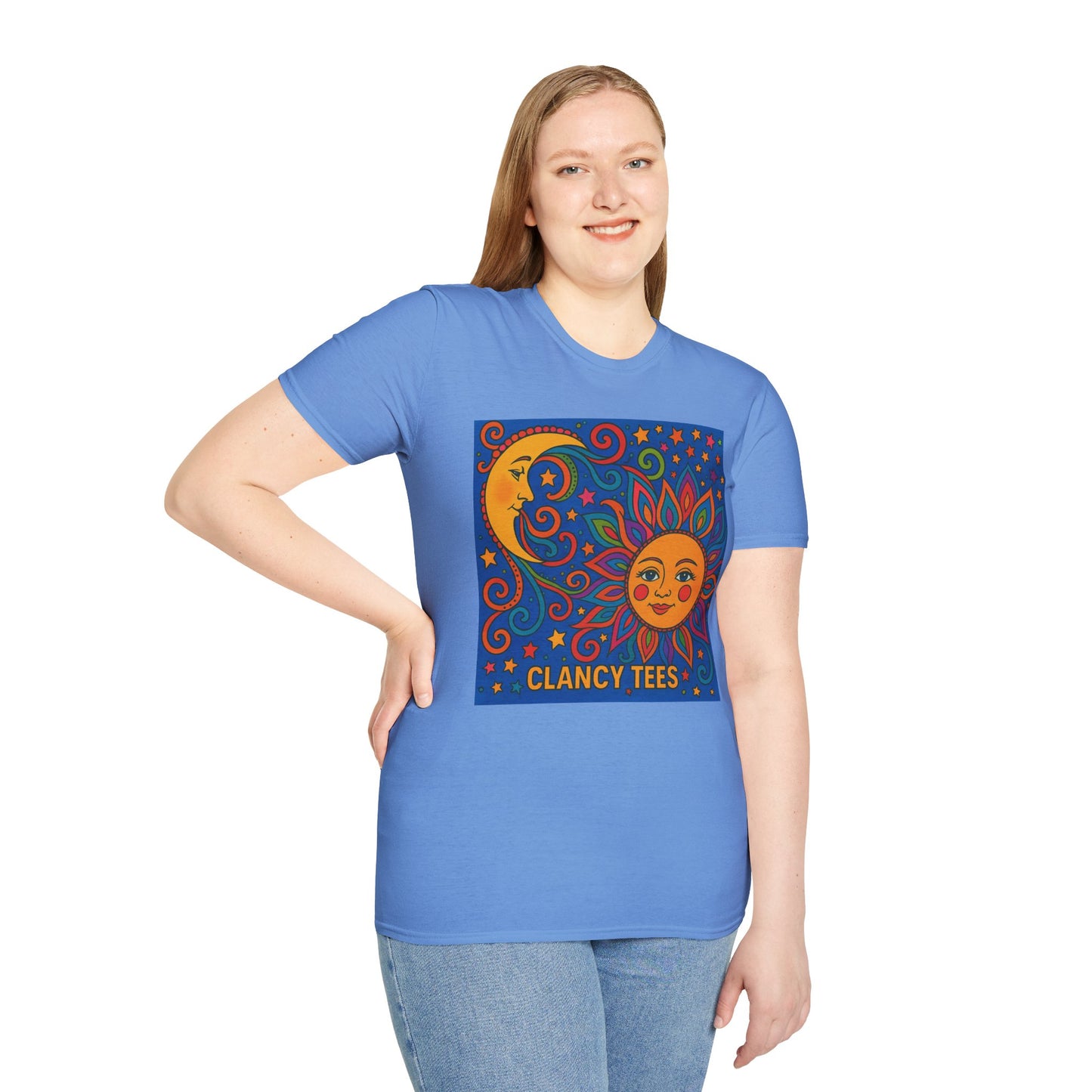 Sun and Moon Vibrant Tee, Unisex Softstyle T-Shirt for Summer Vibes, Boho Fashion, Gift for Her, Festival Wear, Casual Wear