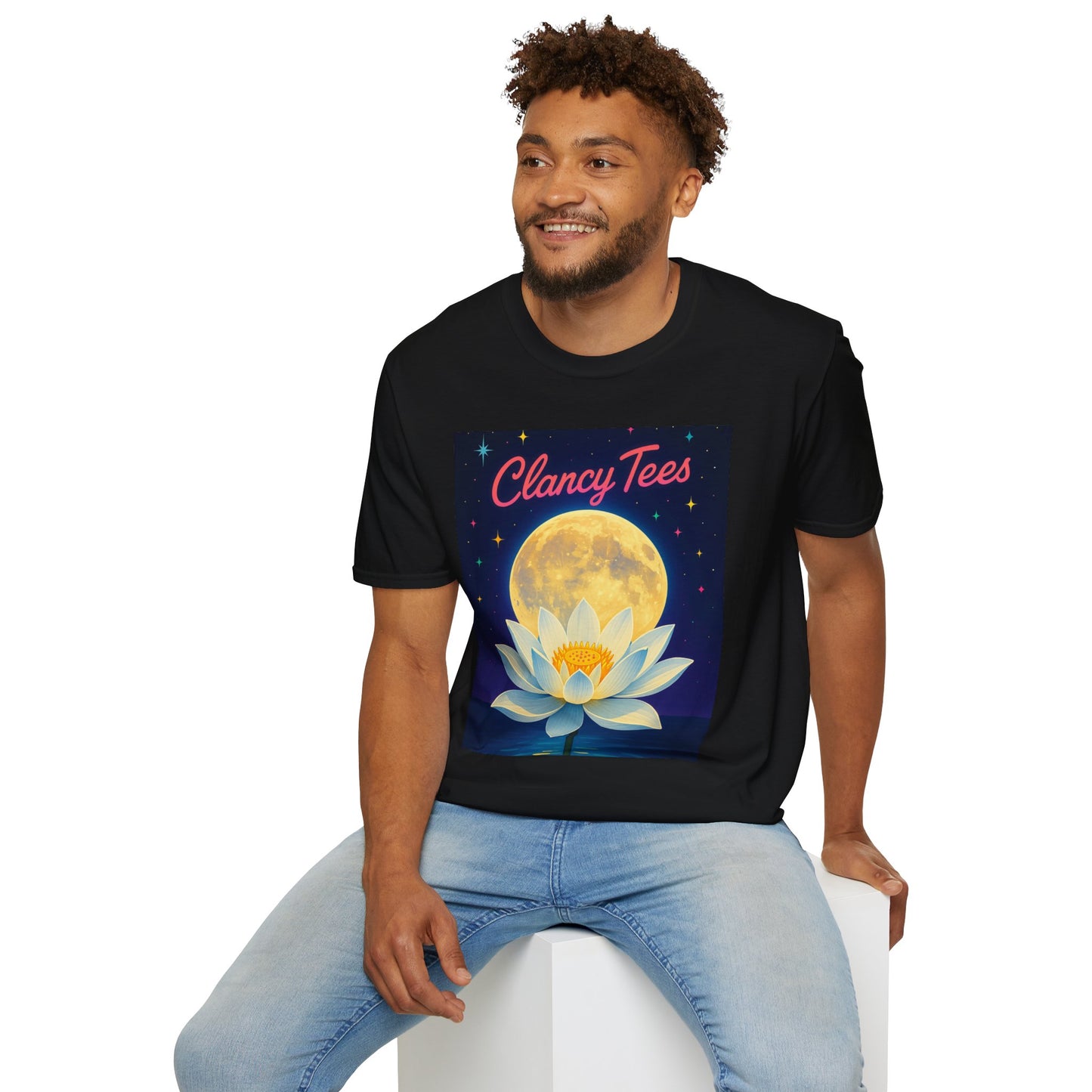 Moon Lotus Clancy Tees Shirt – Ethereal Floral T-Shirt with Full Moon Art – Gift for Nature Lovers, Yogis, Dreamers & Spiritual Aesthetic Fans