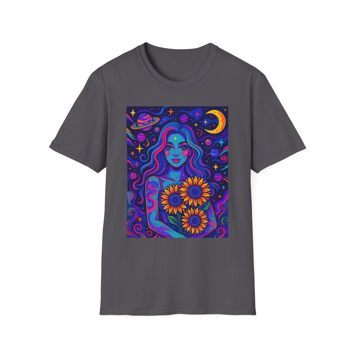 Psychedelic Sunflower Girl Shirt Trippy Space Goddess Tee Gift for Astrology Lovers Cosmic Art T Shirt for Hippies Star Gazers and Moon Magic Fans