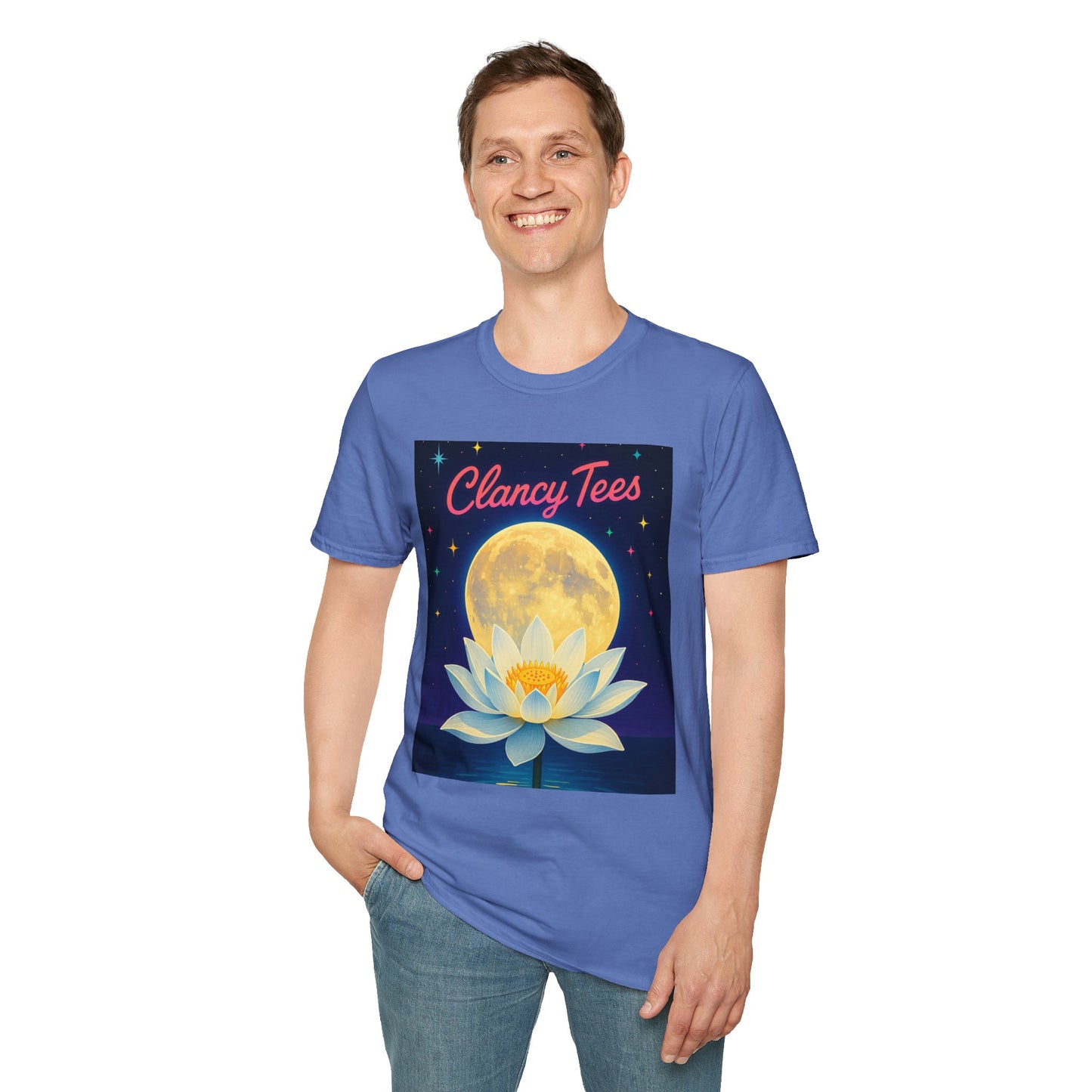Moon Lotus Clancy Tees Shirt – Ethereal Floral T-Shirt with Full Moon Art – Gift for Nature Lovers, Yogis, Dreamers & Spiritual Aesthetic Fans