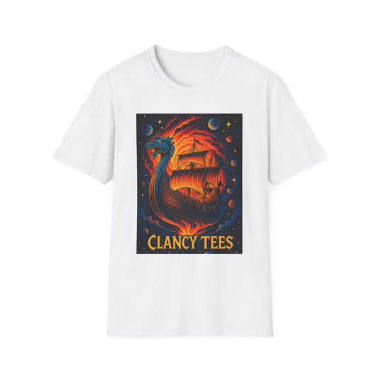 Viking Ship Dragon Shirt – Trippy Norse Mythology Tee with Fiery Cosmic Art – Bold Fantasy Graphic – Gift for Myth Lovers and Warrior Souls