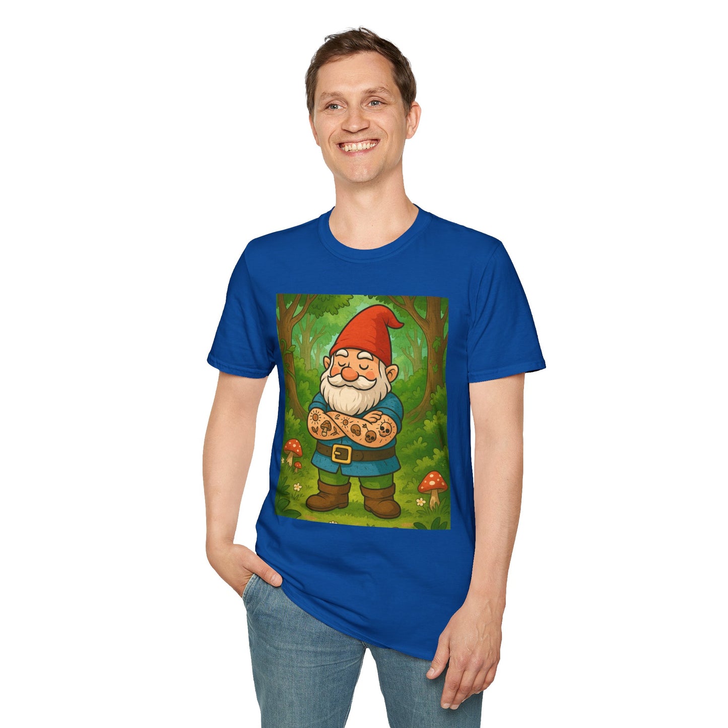Tattooed Gnome T-Shirt – Funny Forest Inked Gnome Tee – Whimsical Tattoo Garden Shirt Gift for Mushroom Lovers, Gardeners, and Fantasy Fans