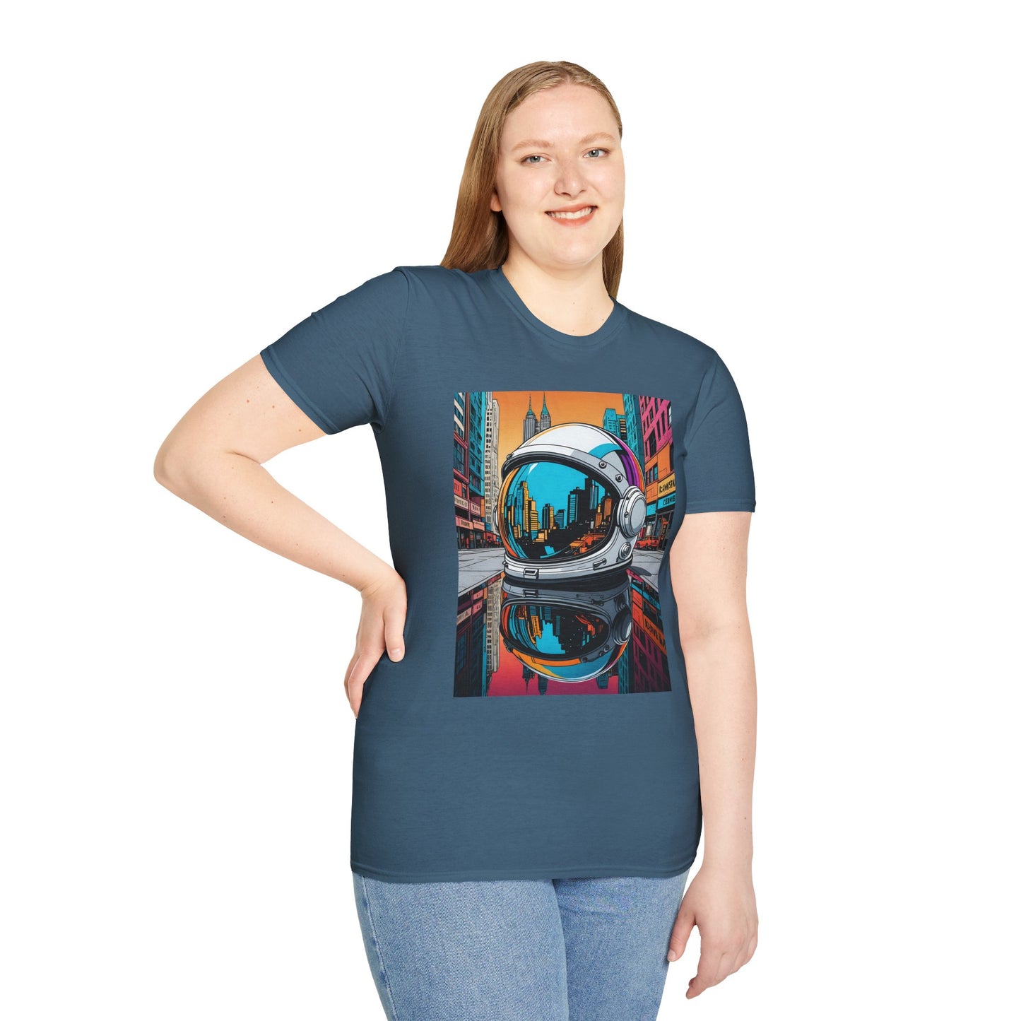 City Astronaut Reflection T-Shirt – Urban Space Art Tee – Gift for Sci-Fi Fans, Streetwear Addicts, and Cosmic Daydreamers
