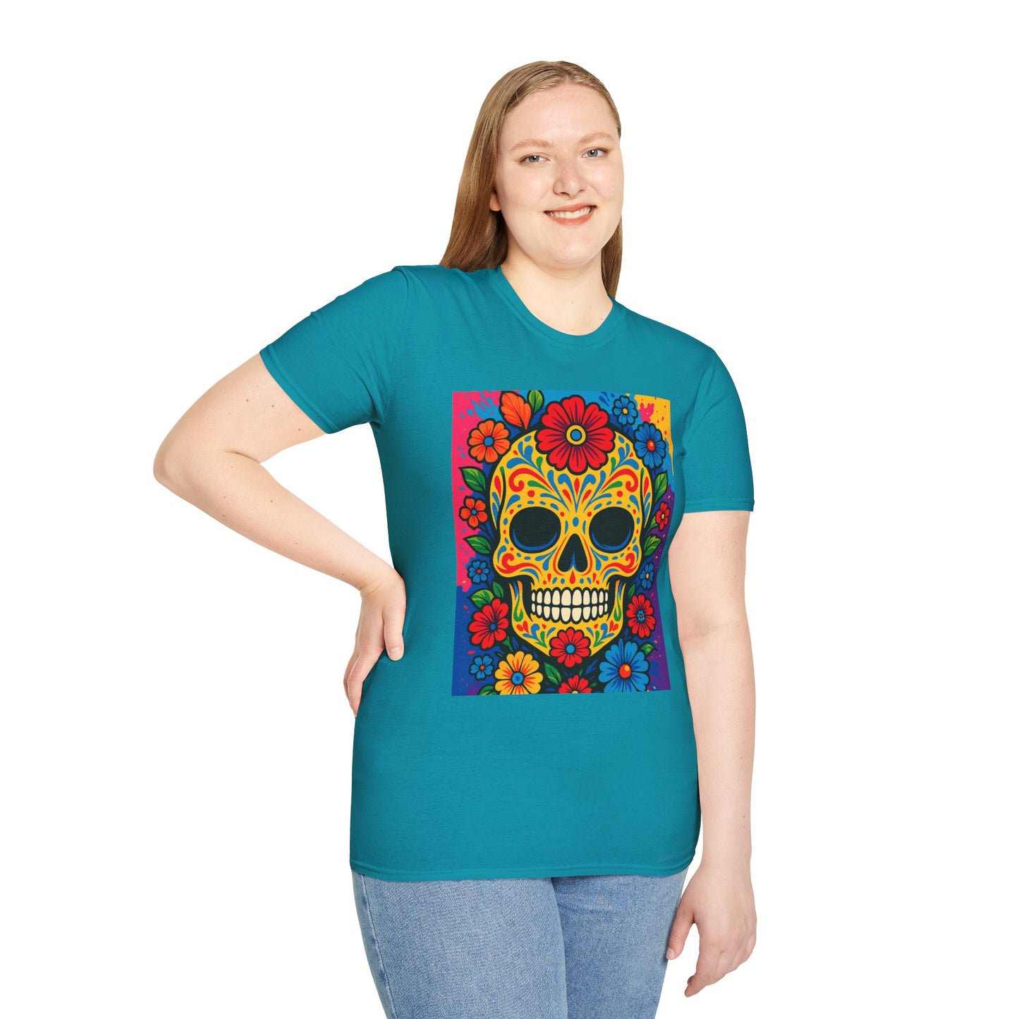 Colorful Sugar Skull Shirt | Day of the Dead Graphic Tee | Gift for Tattoo Lovers & Art Fans | Floral Skull T-Shirt