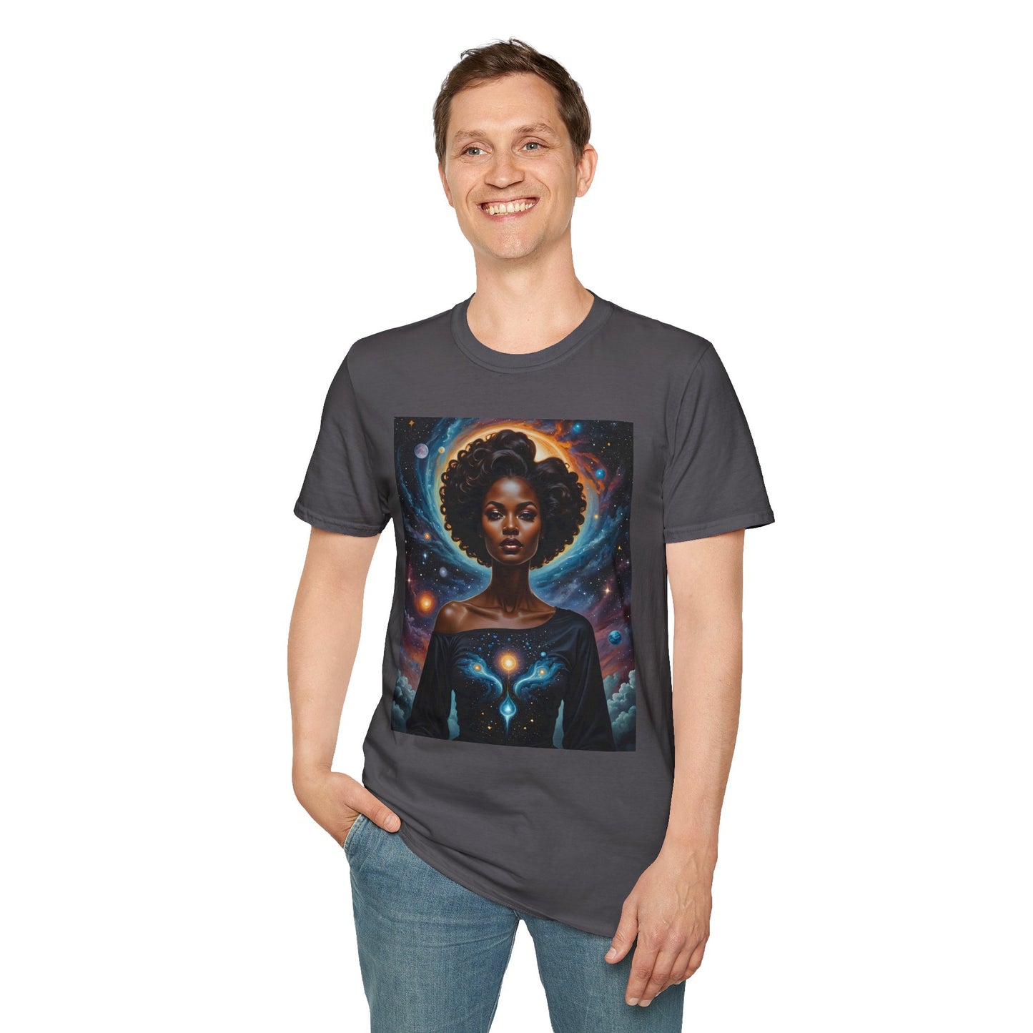 Afrofuturist Cosmic Energy T-Shirt – Celestial Power Graphic Tee, Spiritual Galaxy Shirt, Gift for Astrology Fans, Vibrant Universe Artwork