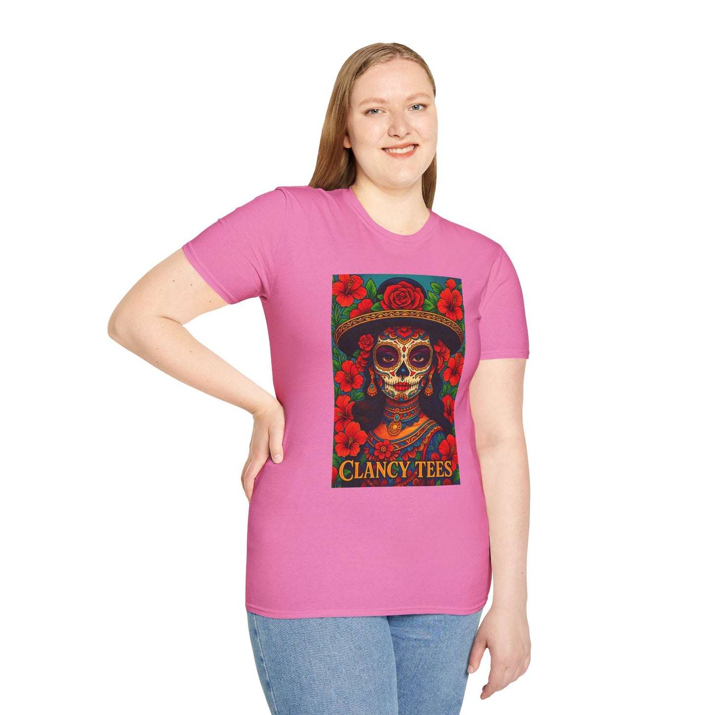 Colorful Sugar Skull T-Shirt, Day of the Dead Tee, Unique Graphic Shirt, Festival Apparel, Gift for Halloween, Unisex Softstyle Tee