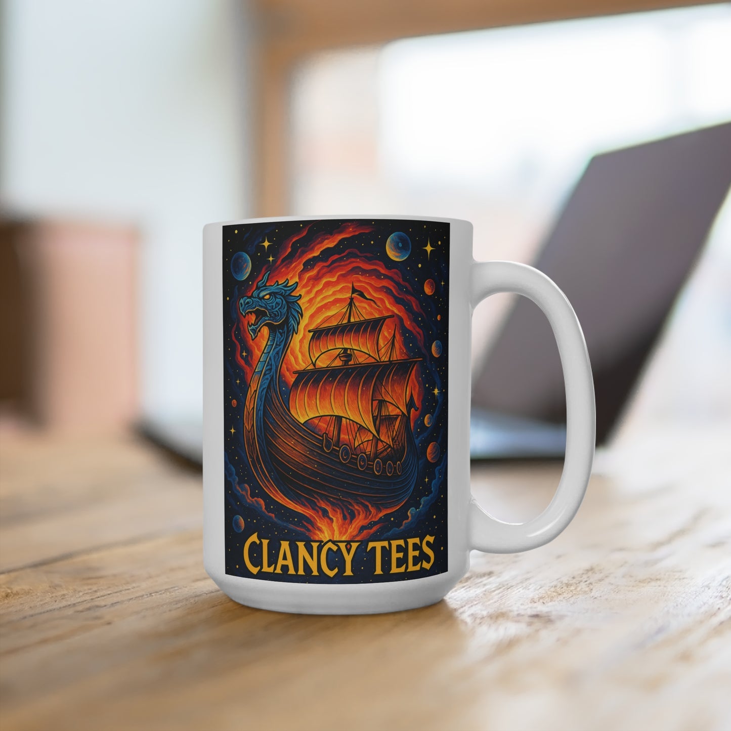 Viking Dragon Ship Coffee Mug – Mythical 15oz Ceramic Cup, Norse Longship Artwork, Gift for Fantasy and History Fans