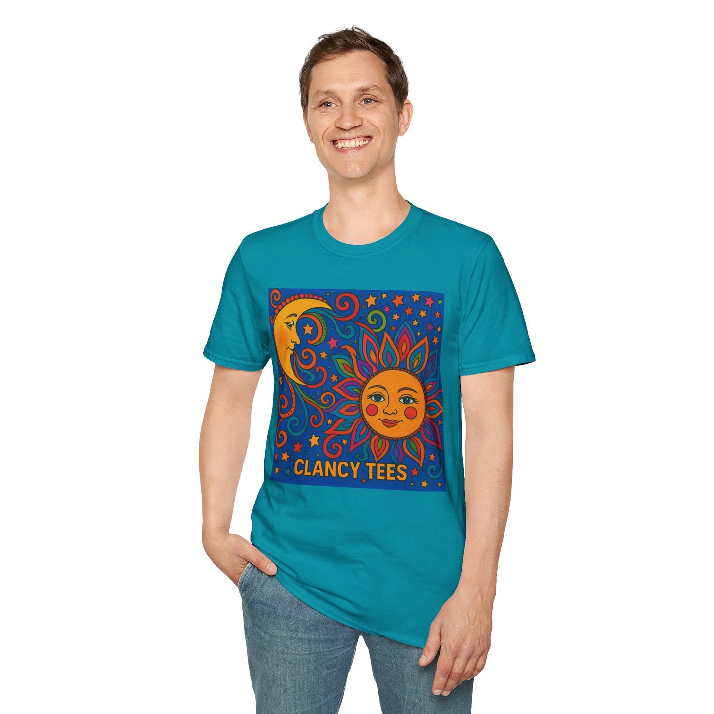 Sun and Moon Vibrant Tee, Unisex Softstyle T-Shirt for Summer Vibes, Boho Fashion, Gift for Her, Festival Wear, Casual Wear