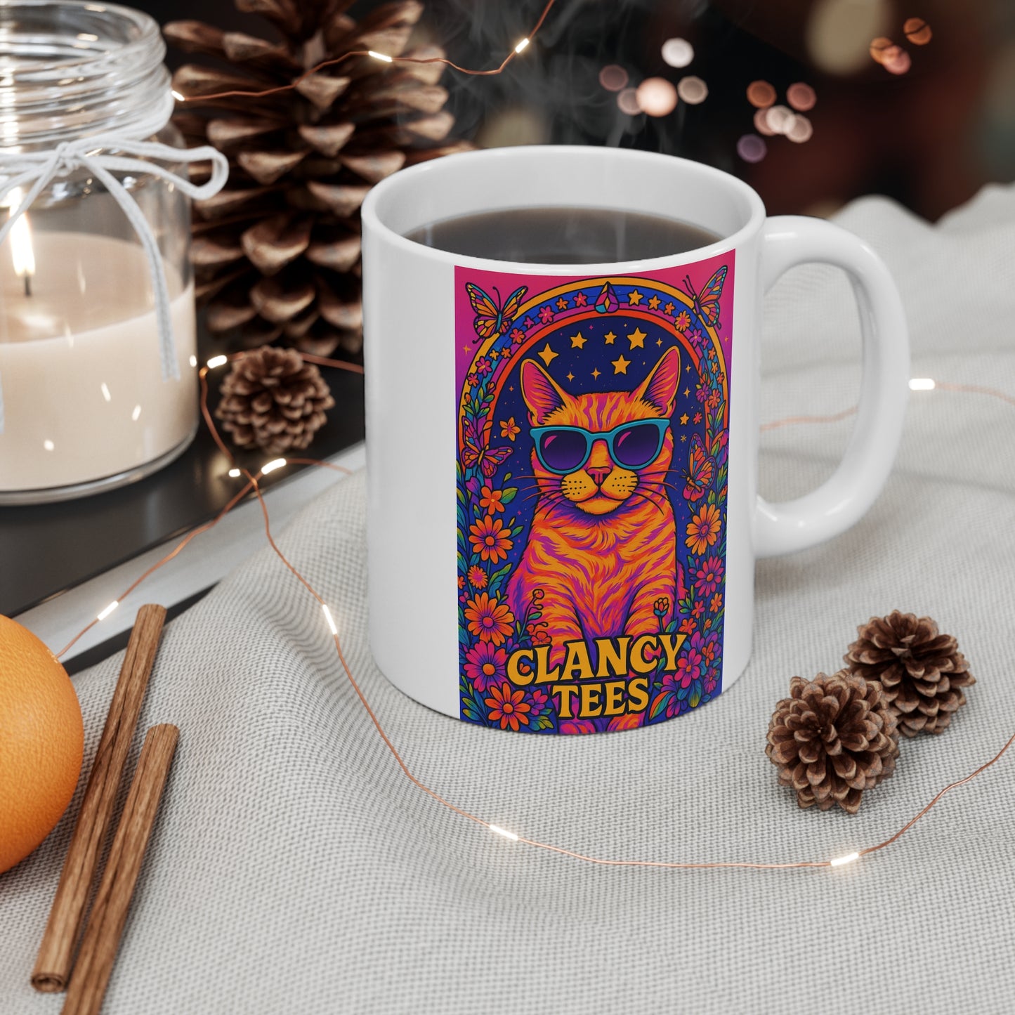 Psychedelic Cat Coffee Mug 11oz Ceramic Cup Colorful Kitty Artwork Trippy Drinkware Vibrant Retro Design With Sunglasses For Coffee Tea And More