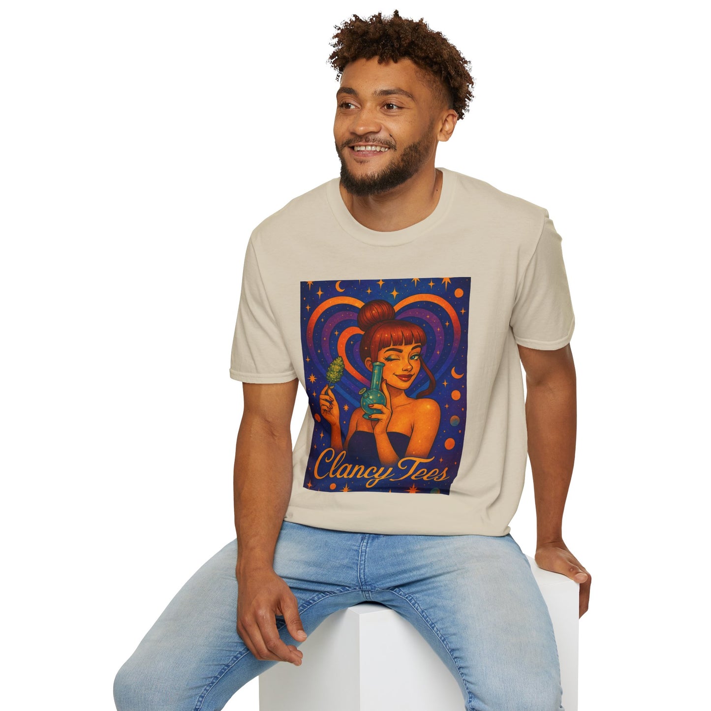 Cosmic Stoner Girl Art T-Shirt, Vintage Style Tee, Fun Summer Shirt, Gift for Art Lovers, Cute Graphic Tee, Unique Casual Wear
