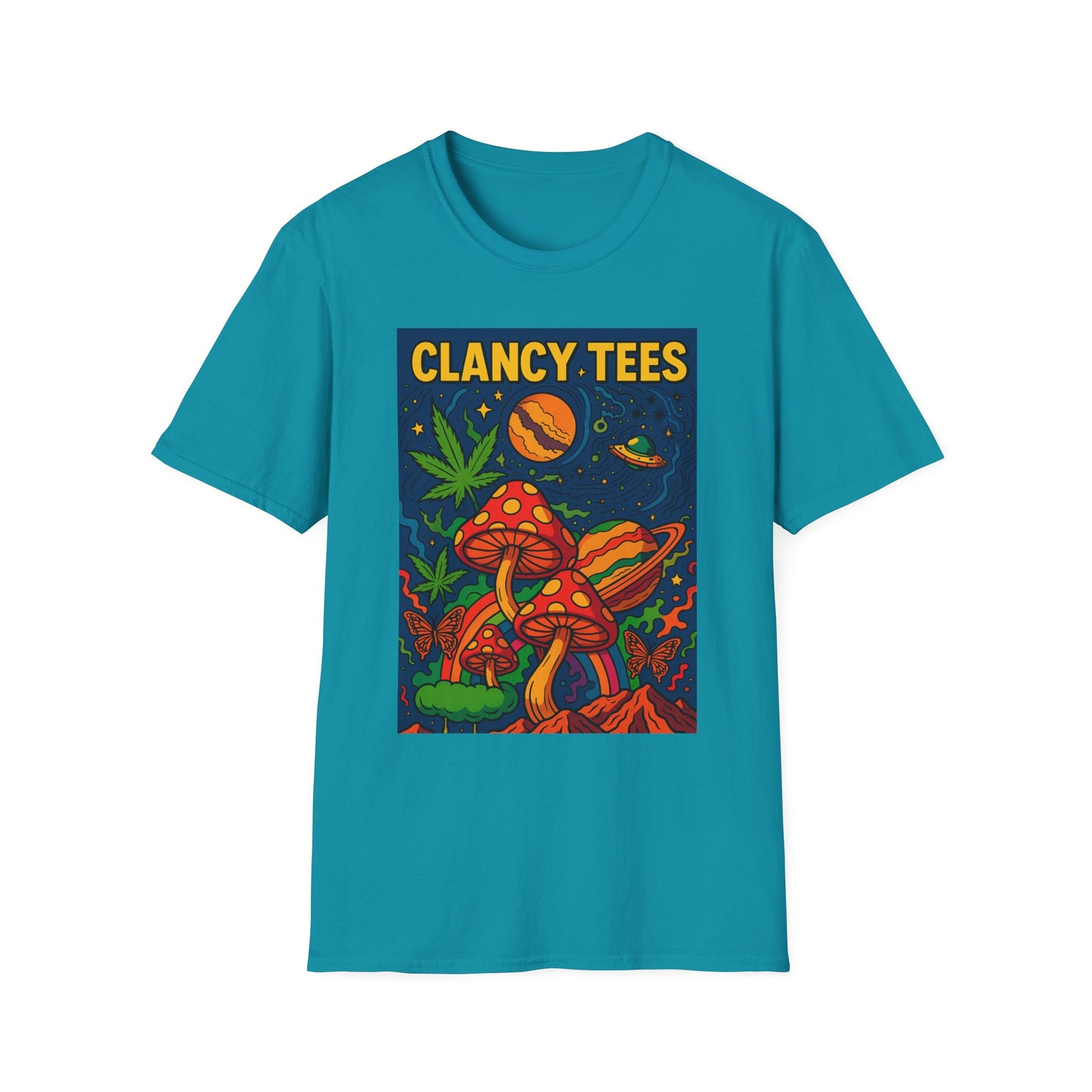 Trippy Mushroom Graphic T Shirt Psychedelic Space Art Tee Cosmic Fungi Illustration Unisex Softstyle Gift for Stoner Friends Gift for Psychedelic Fans