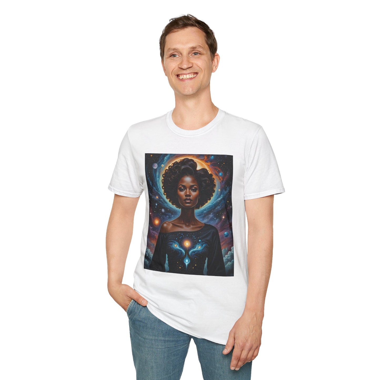 Afrofuturist Cosmic Energy T-Shirt – Celestial Power Graphic Tee, Spiritual Galaxy Shirt, Gift for Astrology Fans, Vibrant Universe Artwork