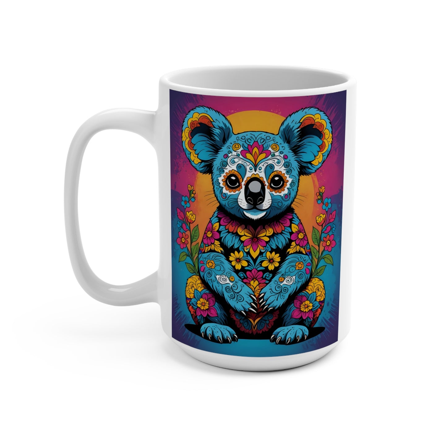 Vibrant Floral Koala Mug | 15oz Coffee Cup for Animal Lovers, Eco-Friendly Gift, Birthday, Home Decor, Cute Kitchenware