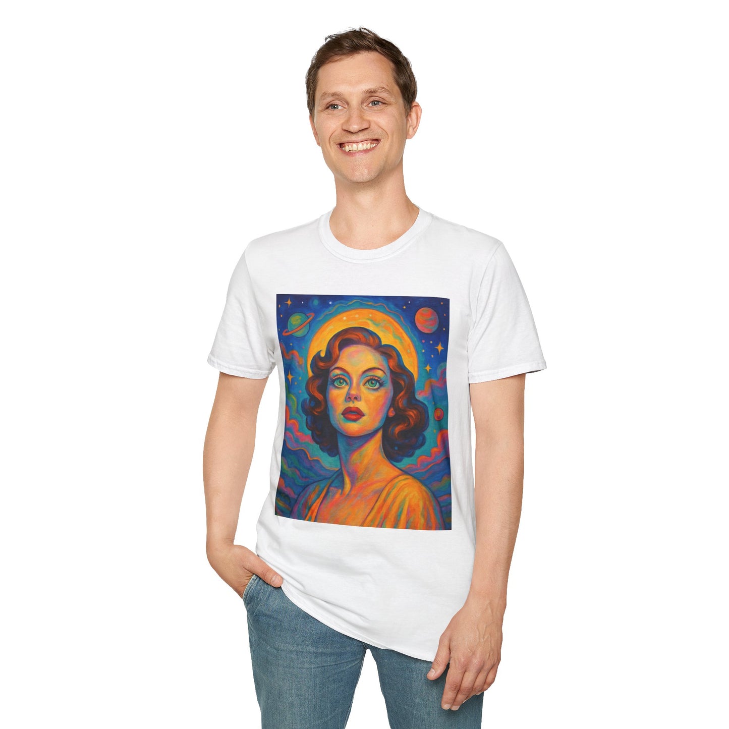 Retro Space Girl T Shirt Vintage Sci Fi Beauty Psychedelic Pop Art Galaxy Babe Tee Gift for Star Gazers Cosmic Fashion Astronaut Dreamwear