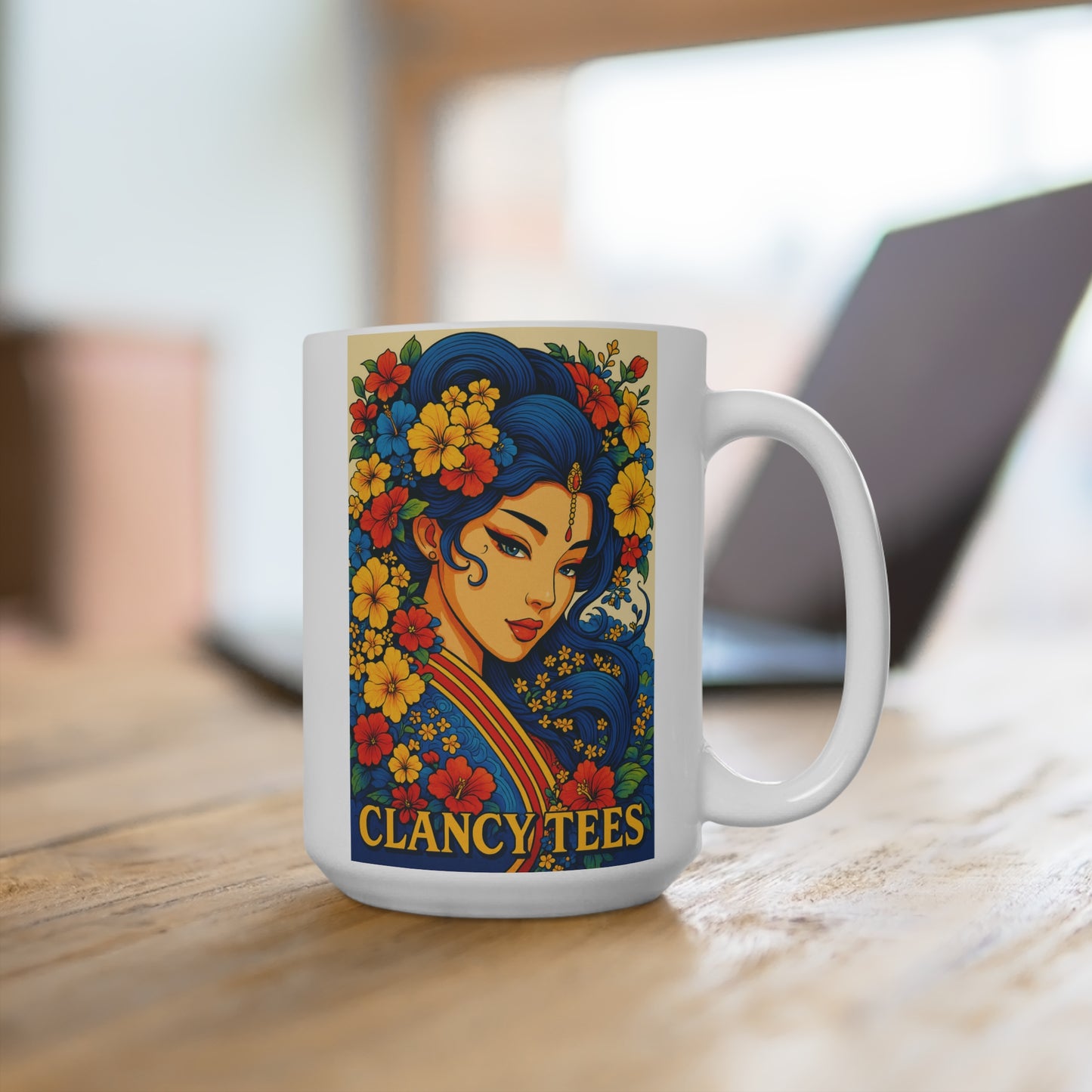 Geisha Flower Mug Japanese Inspired Artwork Ceramic Coffee Cup Gift for Art Lovers