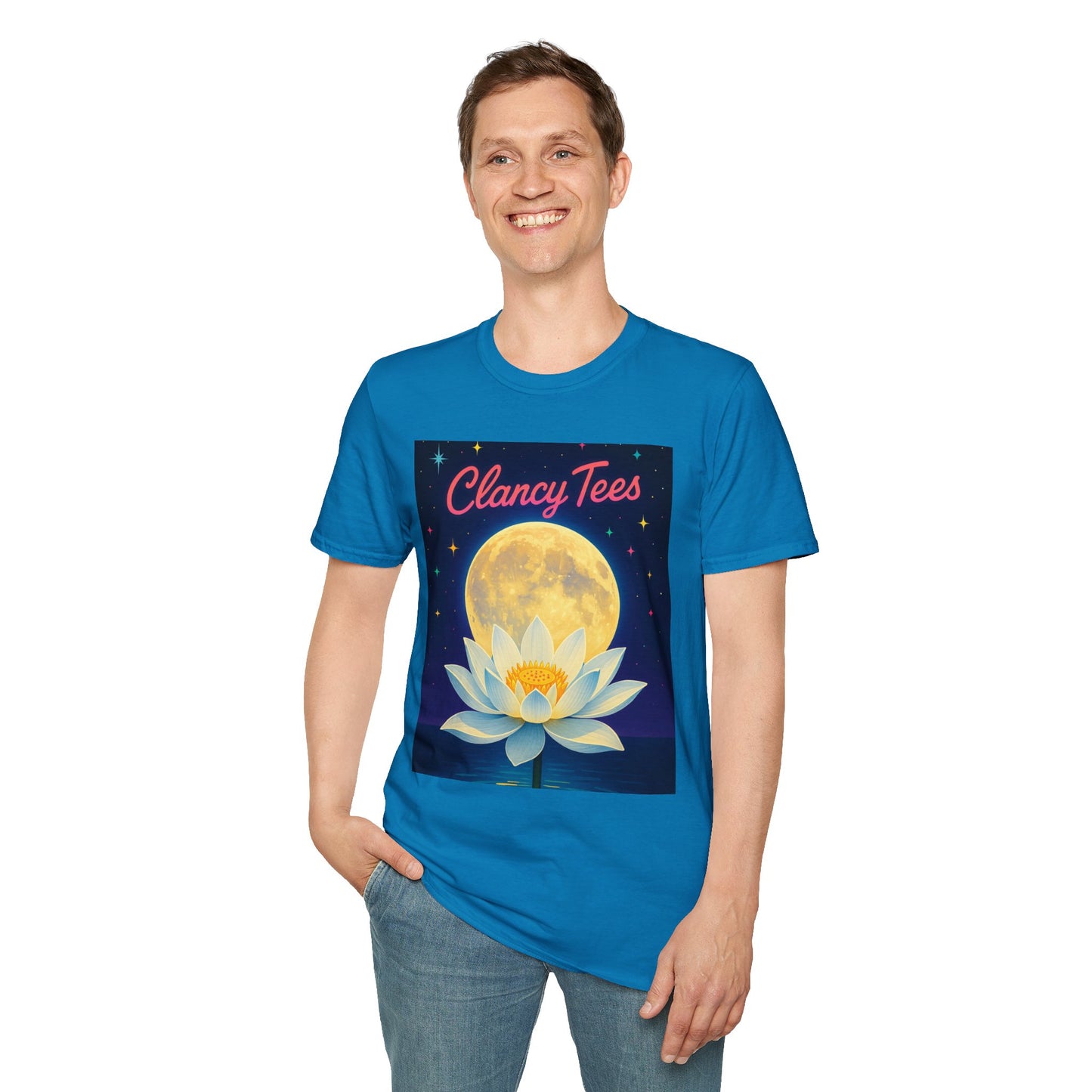Moon Lotus Clancy Tees Shirt – Ethereal Floral T-Shirt with Full Moon Art – Gift for Nature Lovers, Yogis, Dreamers & Spiritual Aesthetic Fans