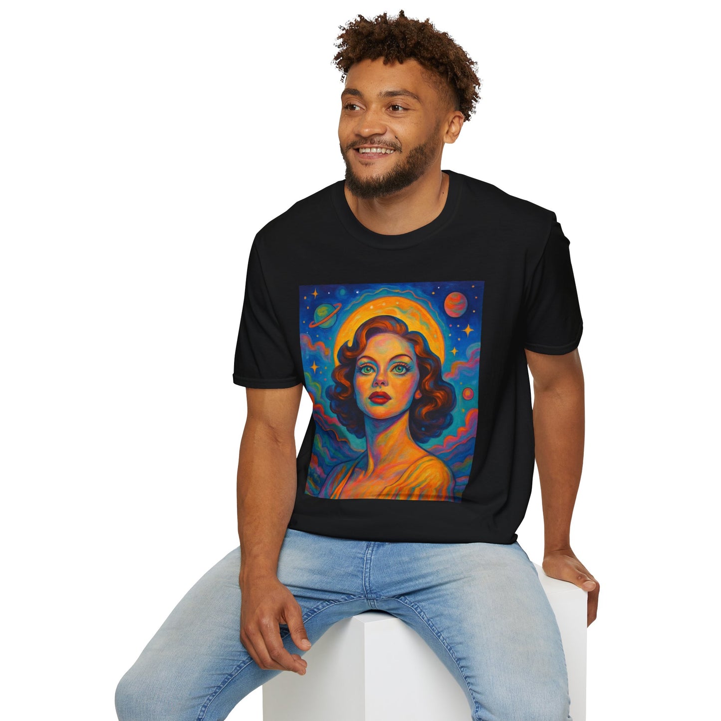 Retro Space Girl T Shirt Vintage Sci Fi Beauty Psychedelic Pop Art Galaxy Babe Tee Gift for Star Gazers Cosmic Fashion Astronaut Dreamwear