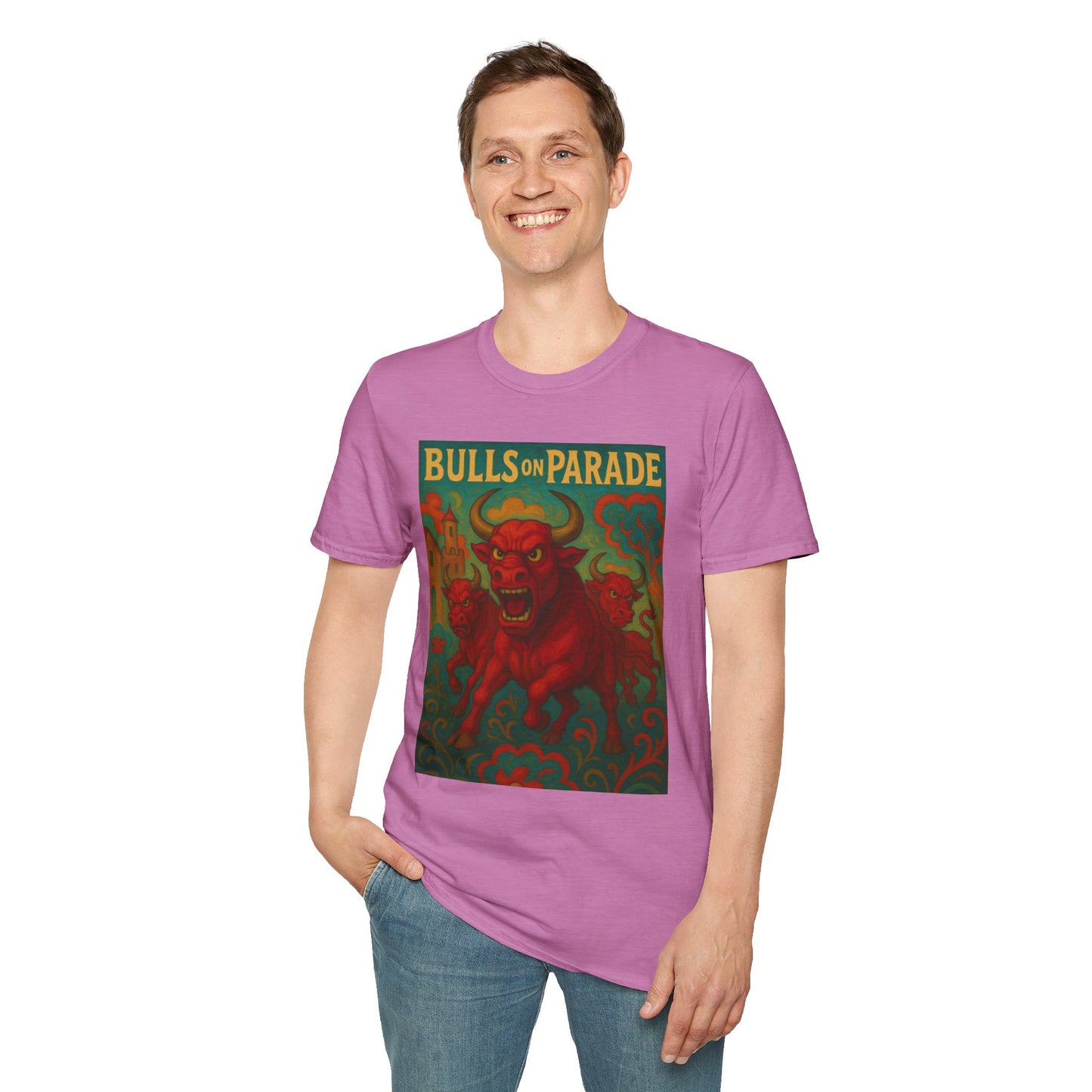 Bulls on Parade Shirt – Psychedelic Rage-Inspired Bull Graphic Tee • Gildan Softstyle® Unisex • Protest Art T-Shirt • Gift for Rage Fans