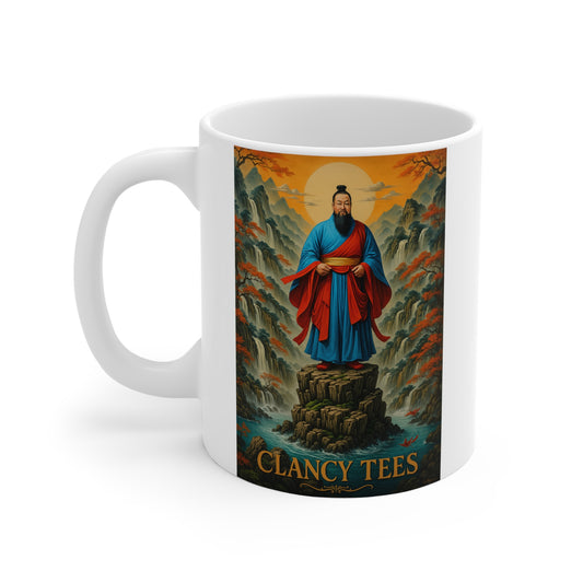 Ancient Warrior Ceramic Mug 11oz – Samurai Artwork Coffee Cup, Mythical Asian Mountain Design, Gift for History Lovers