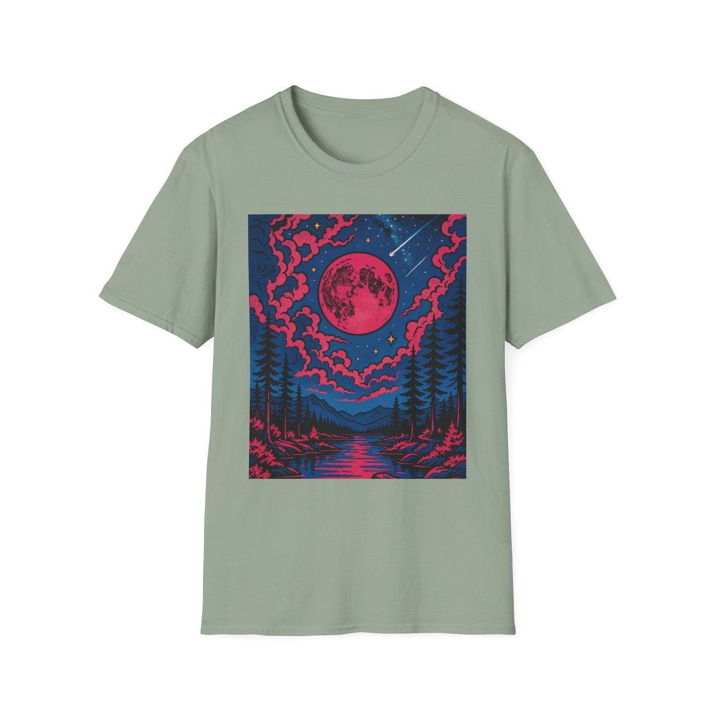 Trippy Red Moon Forest T-Shirt – Surreal Nature Graphic Tee • Psychedelic Night Sky Shirt • Gildan Softstyle® Unisex • Gift for Nature Lovers