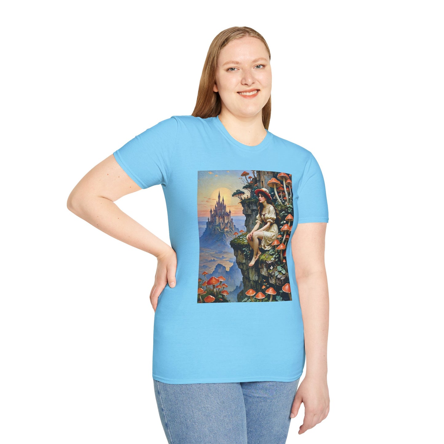 Fantasy Mushroom Fairy T-Shirt Enchanted Castle Cliffside Tee Surreal Magic Art Shirt Gift for Fantasy Fans Gift for Dreamers Psychedelic Nature Tee