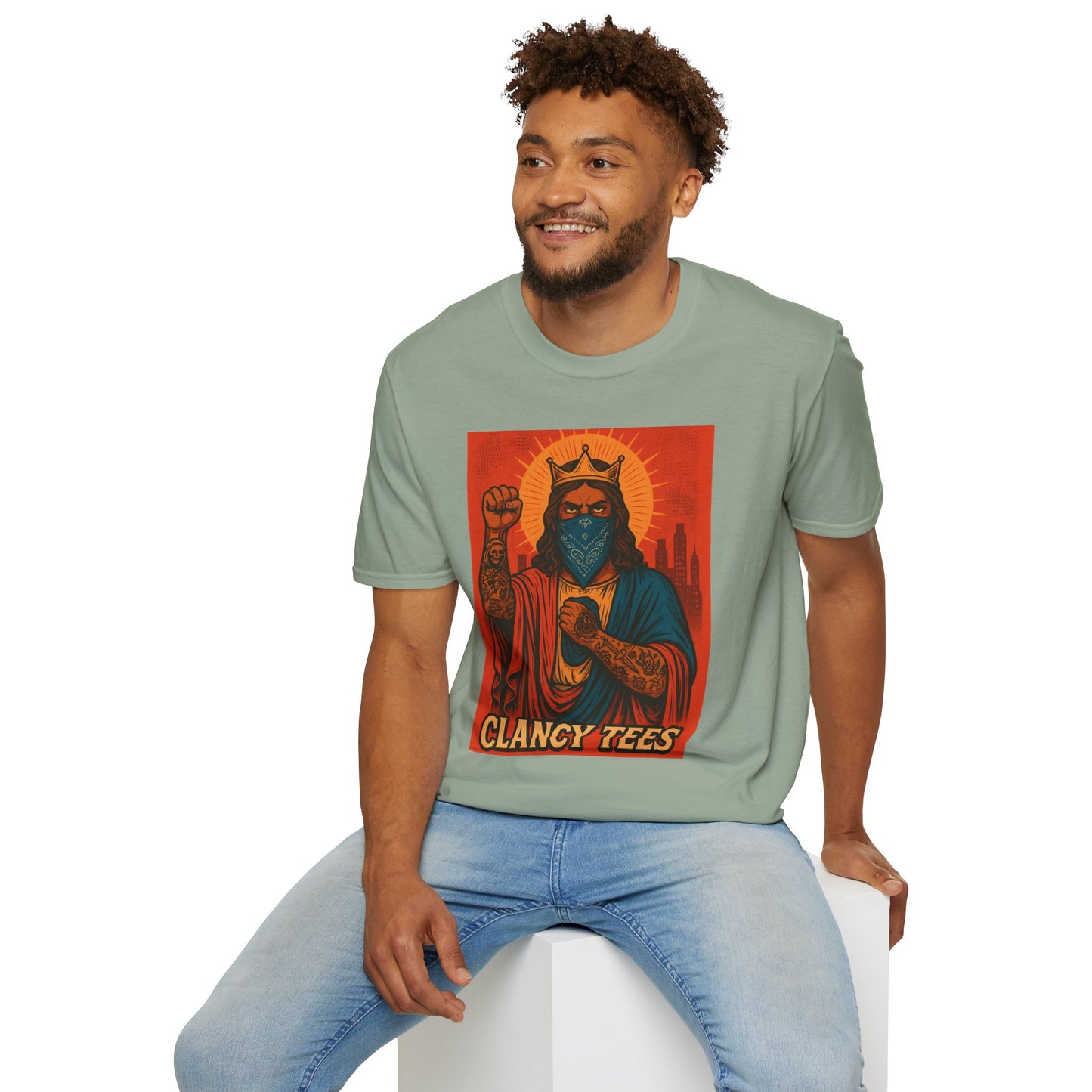 Tattooed Jesus Street Art Shirt – Clancy Tees | Urban Messiah Graphic Tee | Bold Religious Satire Shirt | King of the Block Tee
