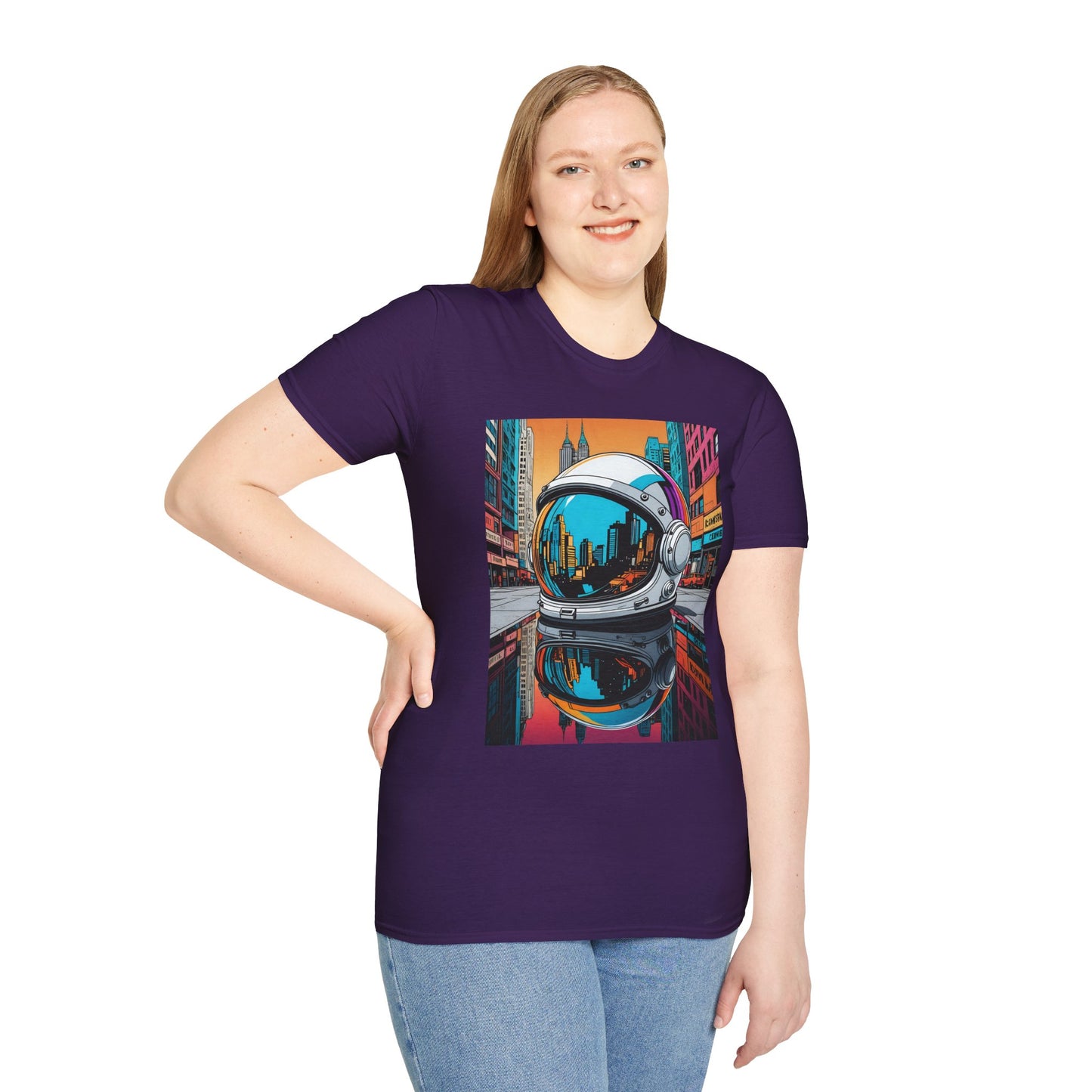 City Astronaut Reflection T-Shirt – Urban Space Art Tee – Gift for Sci-Fi Fans, Streetwear Addicts, and Cosmic Daydreamers