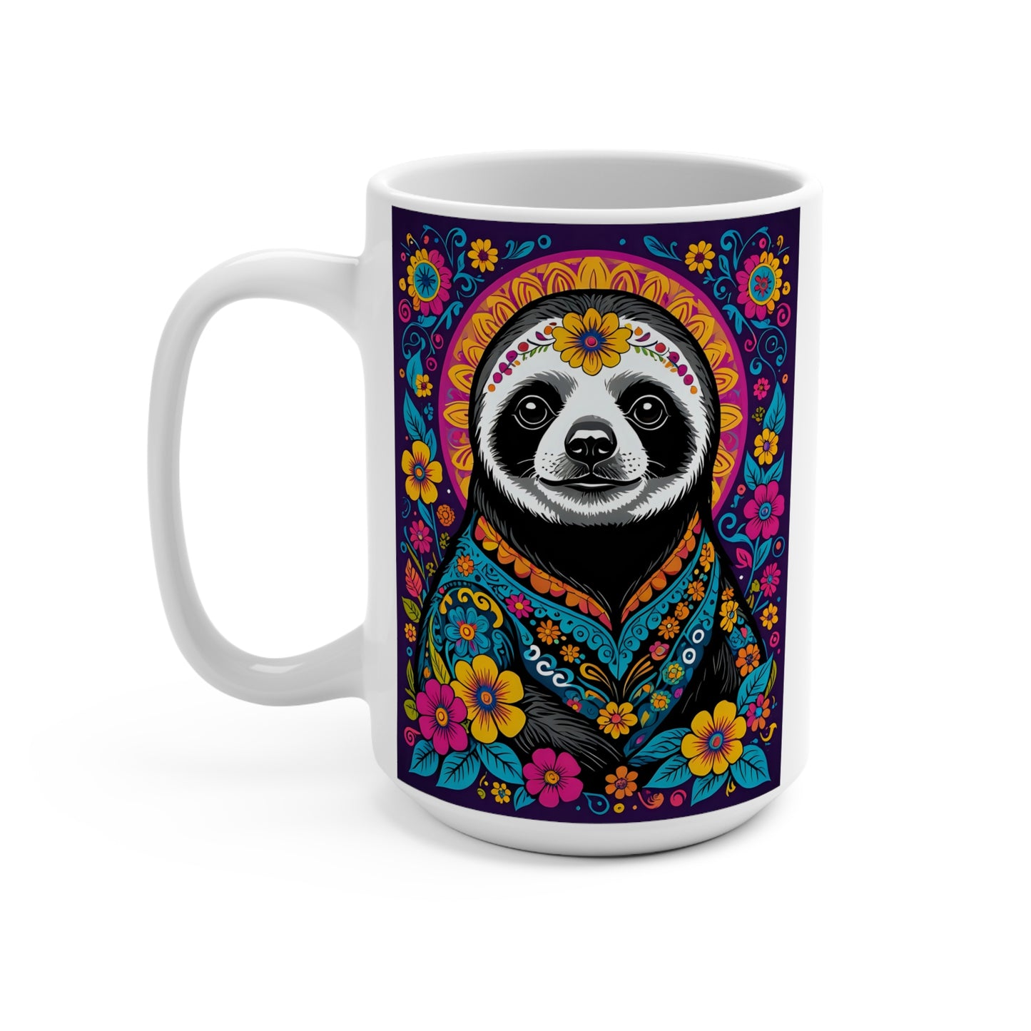 Colorful Sloth Mug Folk Art Coffee Cup Unique Animal Lover Gift Ceramic Drinkware