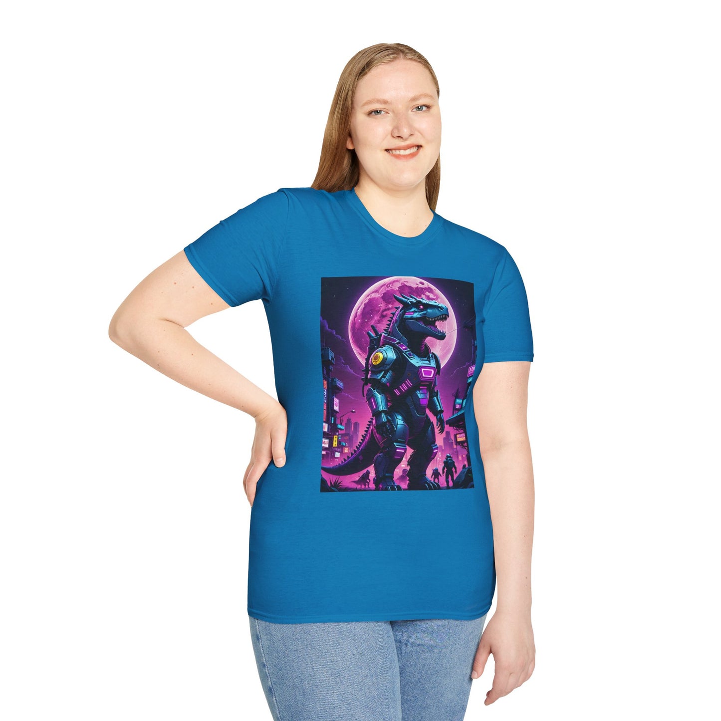 Cyberpunk Dinosaur T Shirt Neon Retro Graphic Tee Futuristic Monster Artwork Top Gift for Sci Fi Fans