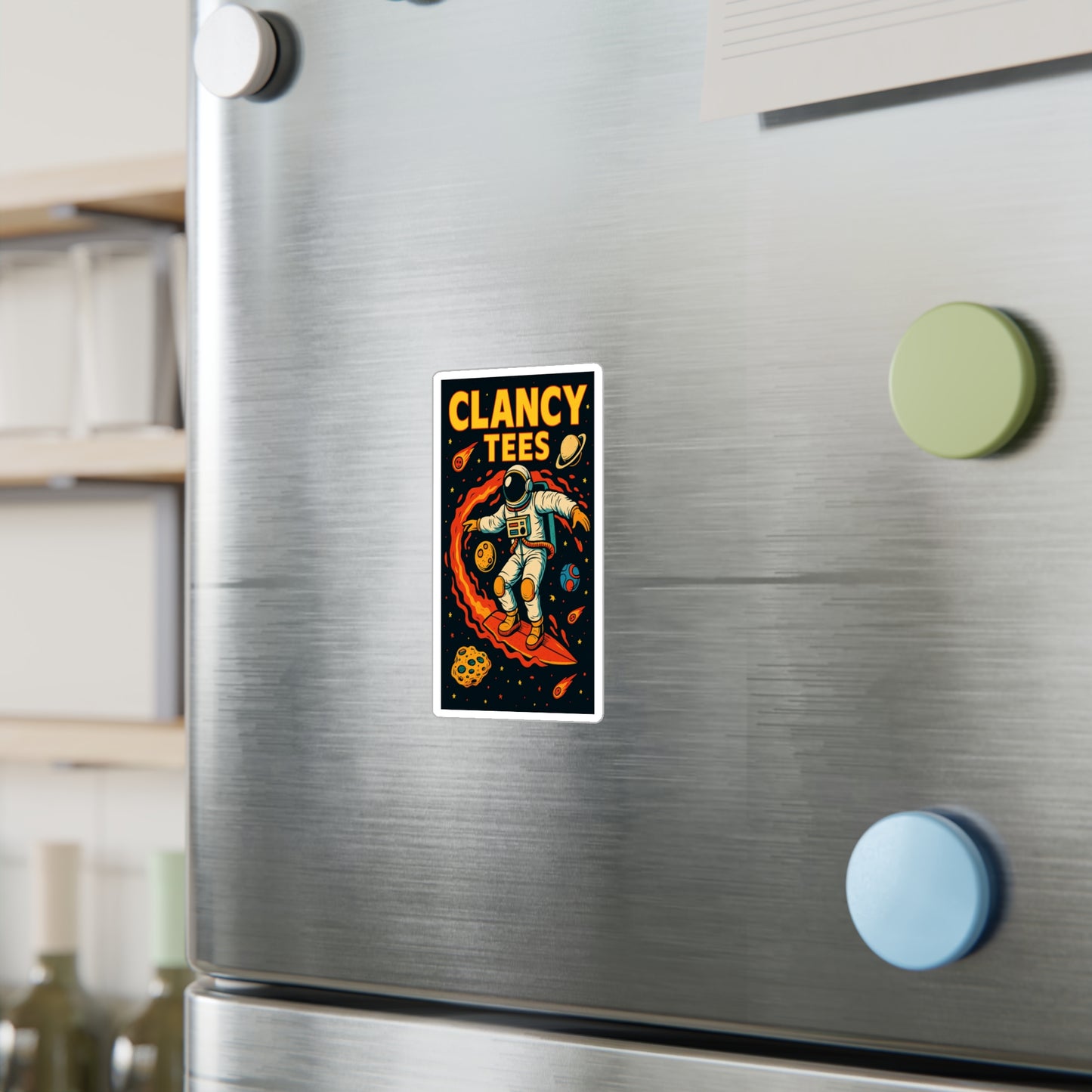 ClancyTees Astronaut Surfer Sticker – Kiss Cut Vinyl Decal, Space Artwork, Retro Sci Fi Aesthetic, Gift for Cosmic Dreamers