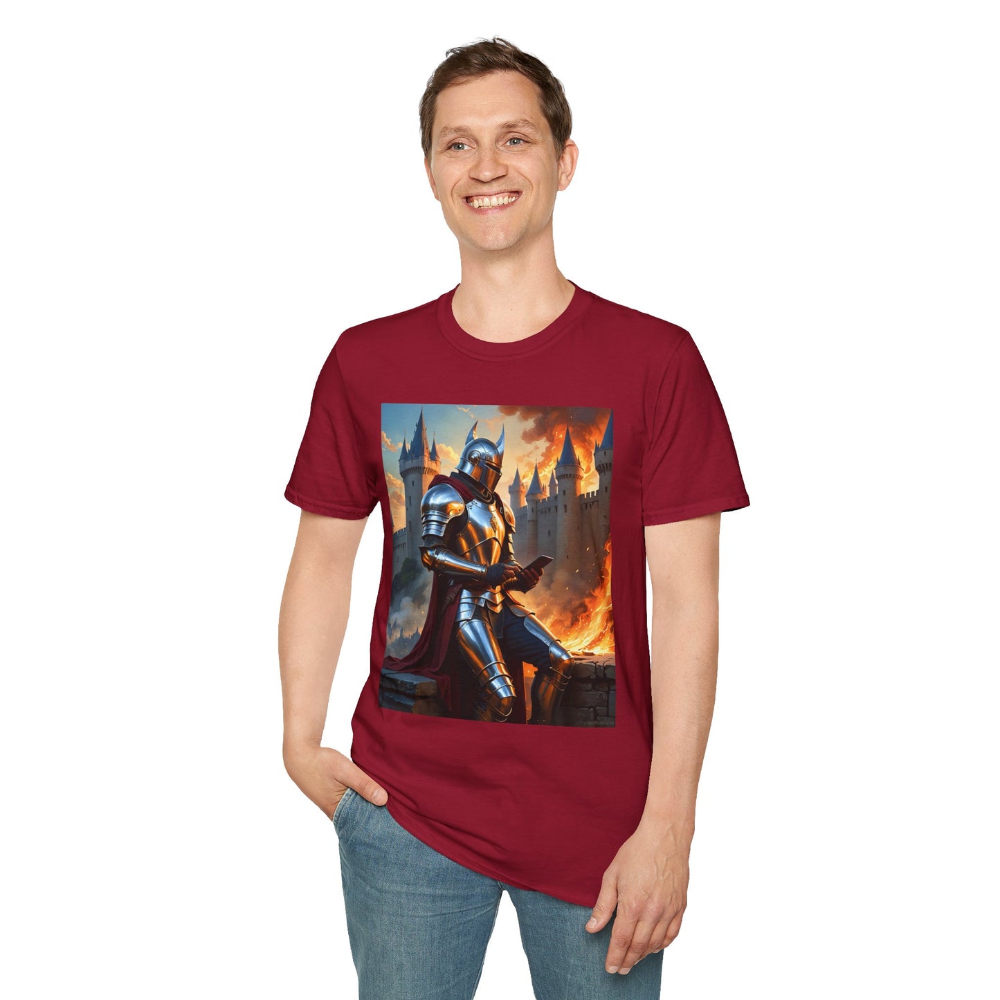 Knight in Burning Castle Shirt – Dark Fantasy Armor Tee – Gift for RPG Fans, Medieval Nerds, and Apocalyptic History Buffs