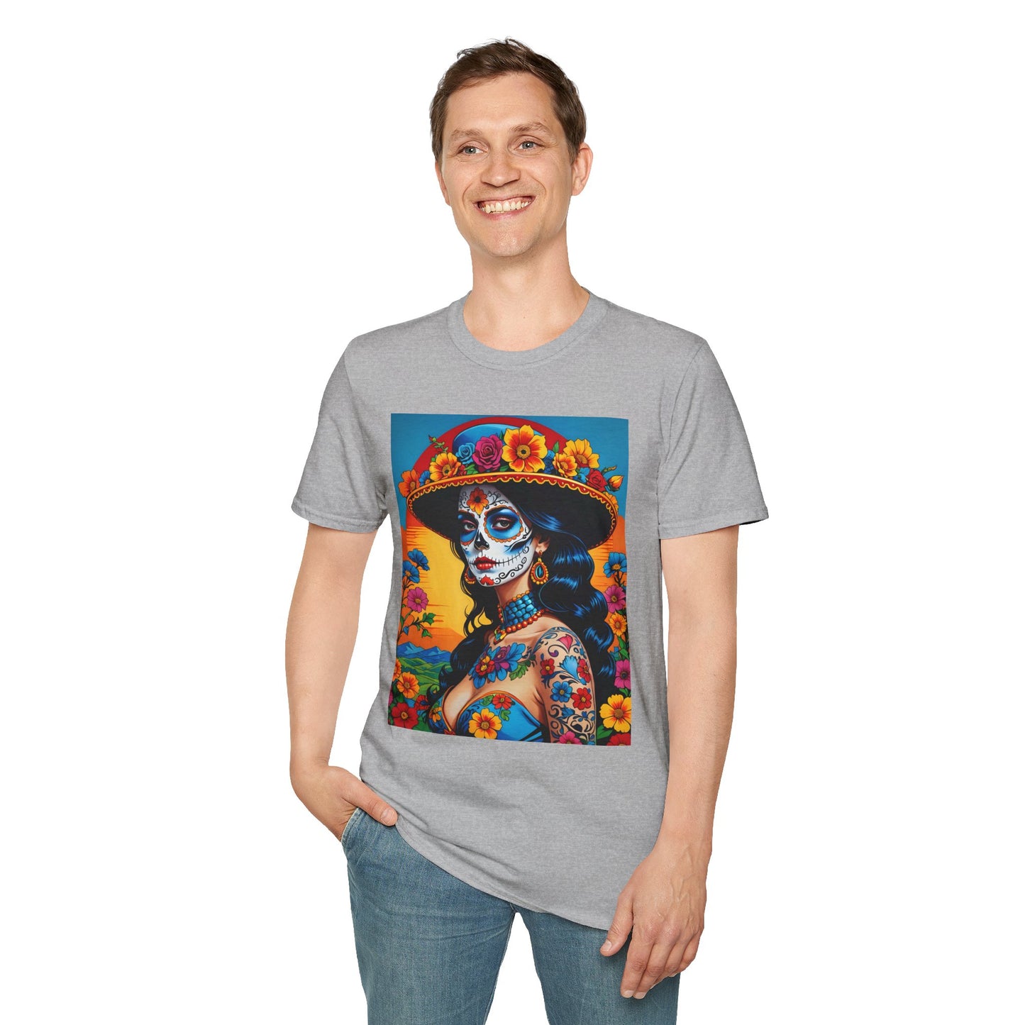 Sugar Skull Tattoo T-Shirt – Día de los Muertos Art Tee – Gift for Skull Art Fans, Tattoo Addicts, and Alternative Fashion Collectors