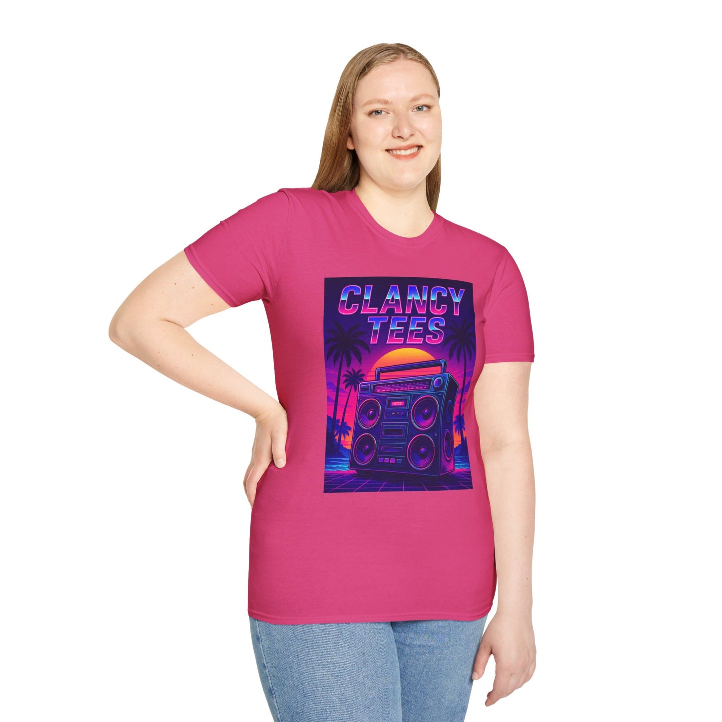 Retro Boombox Sunset Tee – Vaporwave Clancy Tees Shirt – Gift for 80s Kids, Music Lovers, Synthwave Fans & Nostalgic Neon Dreamers