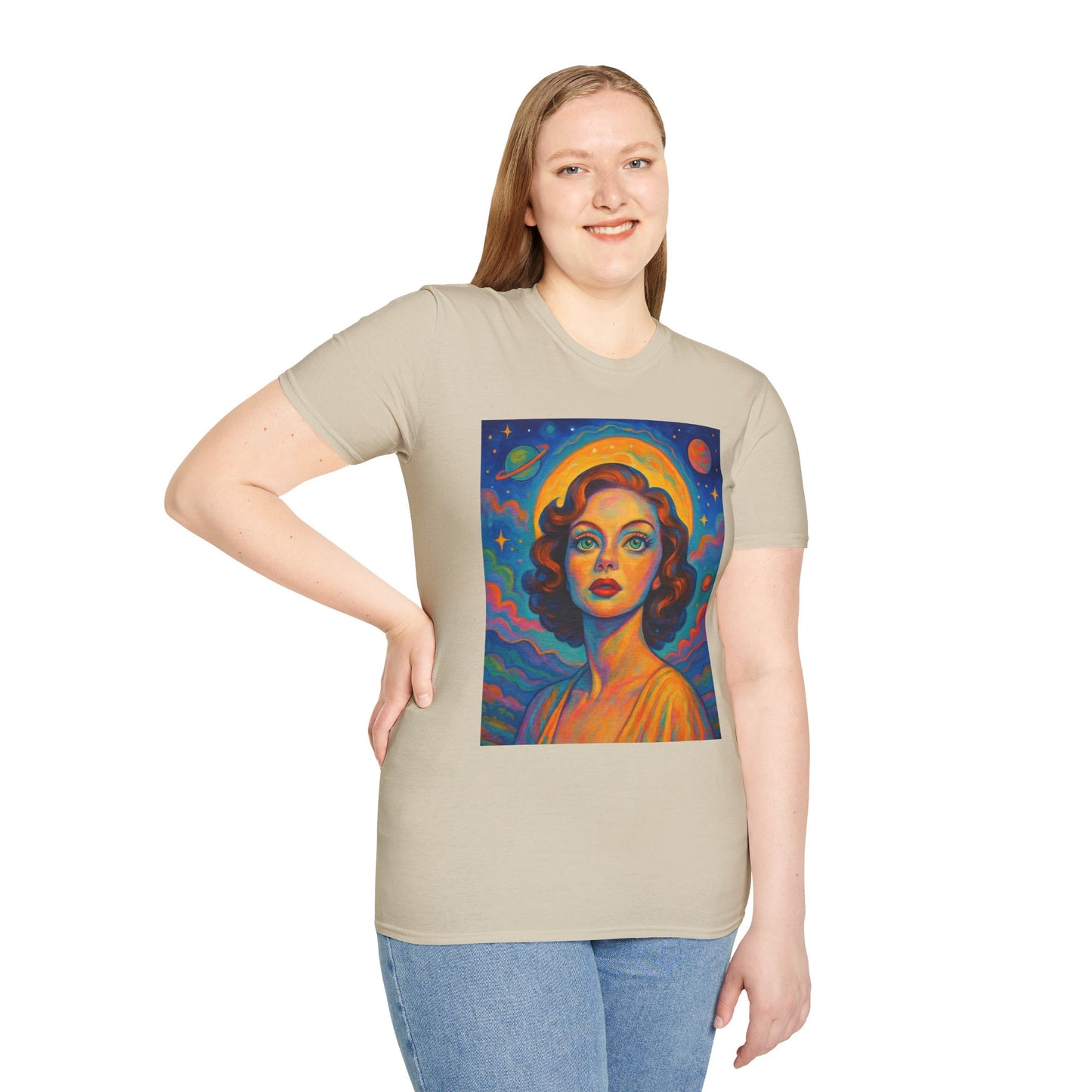 Retro Space Girl T Shirt Vintage Sci Fi Beauty Psychedelic Pop Art Galaxy Babe Tee Gift for Star Gazers Cosmic Fashion Astronaut Dreamwear