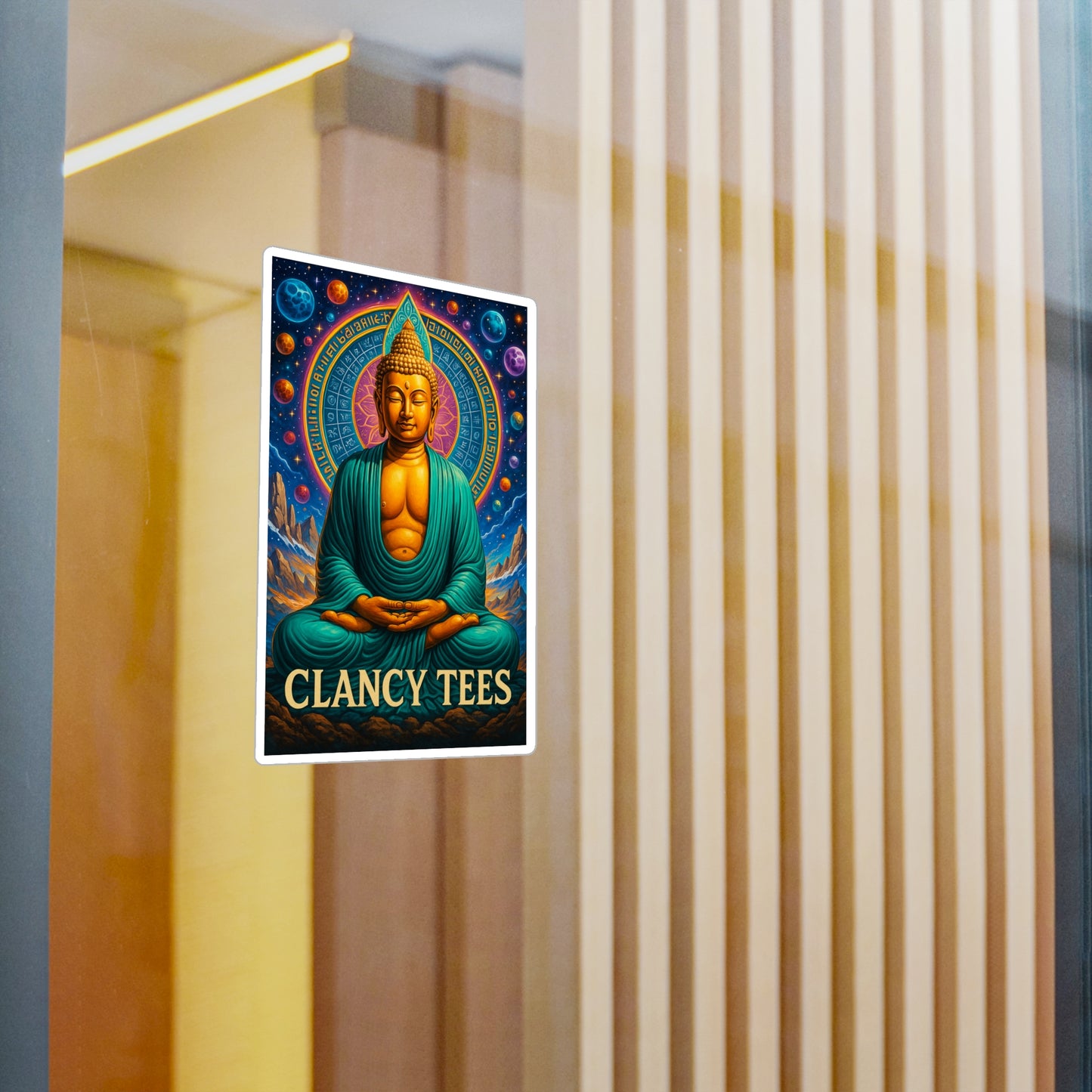 ClancyTees Cosmic Buddha Sticker – Kiss Cut Vinyl Decal, Spiritual Artwork, Galaxy Aesthetic, Gift for Mindfulness Fans