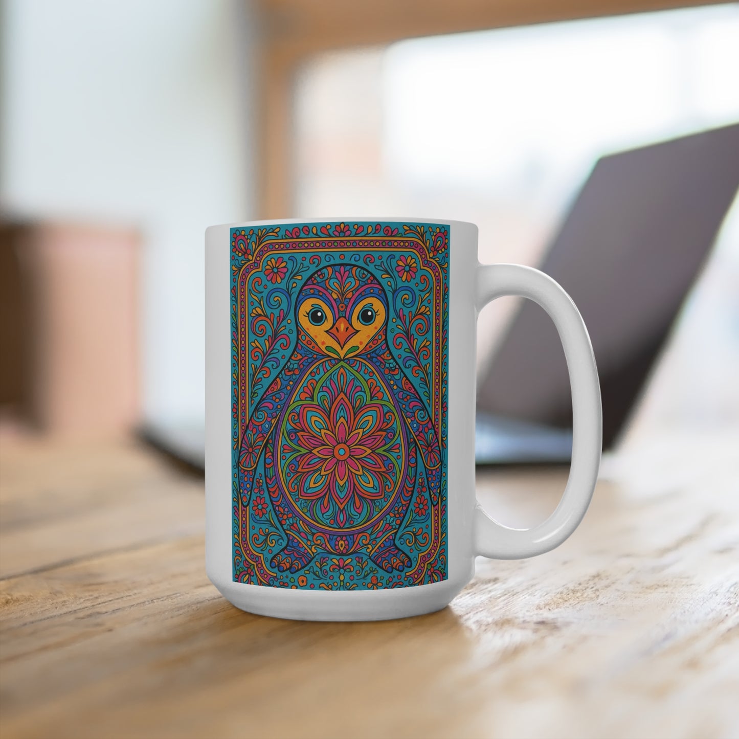 Colorful Penguin Mandala Mug Psychedelic Animal Art Coffee Cup Unique Ceramic Gift For Nature Lovers