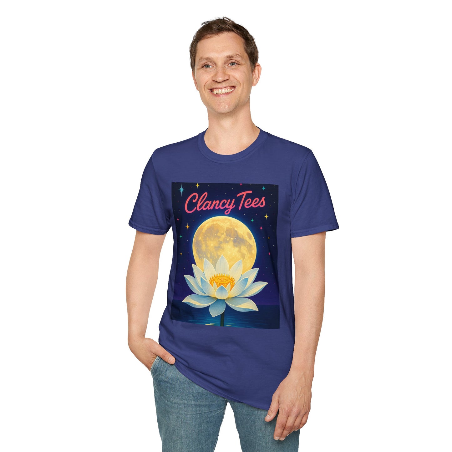 Moon Lotus Clancy Tees Shirt – Ethereal Floral T-Shirt with Full Moon Art – Gift for Nature Lovers, Yogis, Dreamers & Spiritual Aesthetic Fans