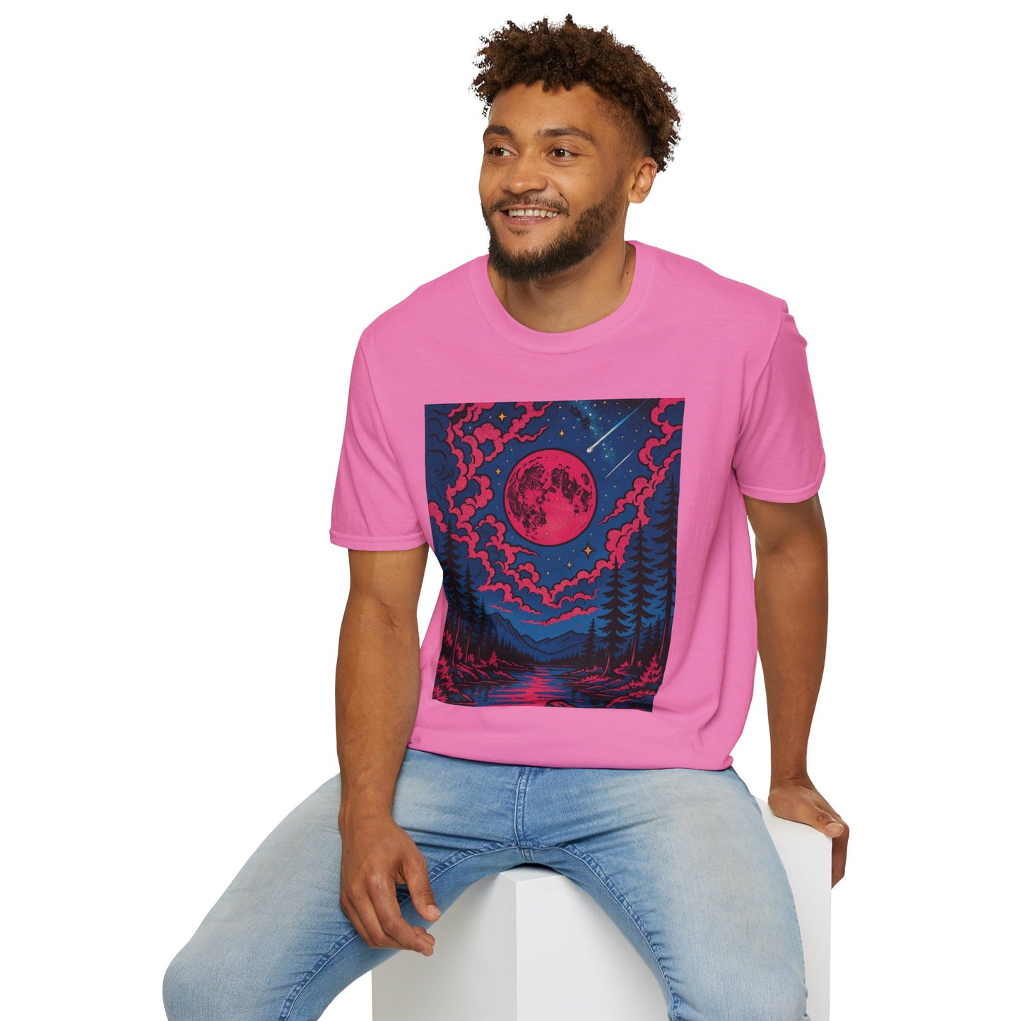 Trippy Red Moon Forest T-Shirt – Surreal Nature Graphic Tee • Psychedelic Night Sky Shirt • Gildan Softstyle® Unisex • Gift for Nature Lovers