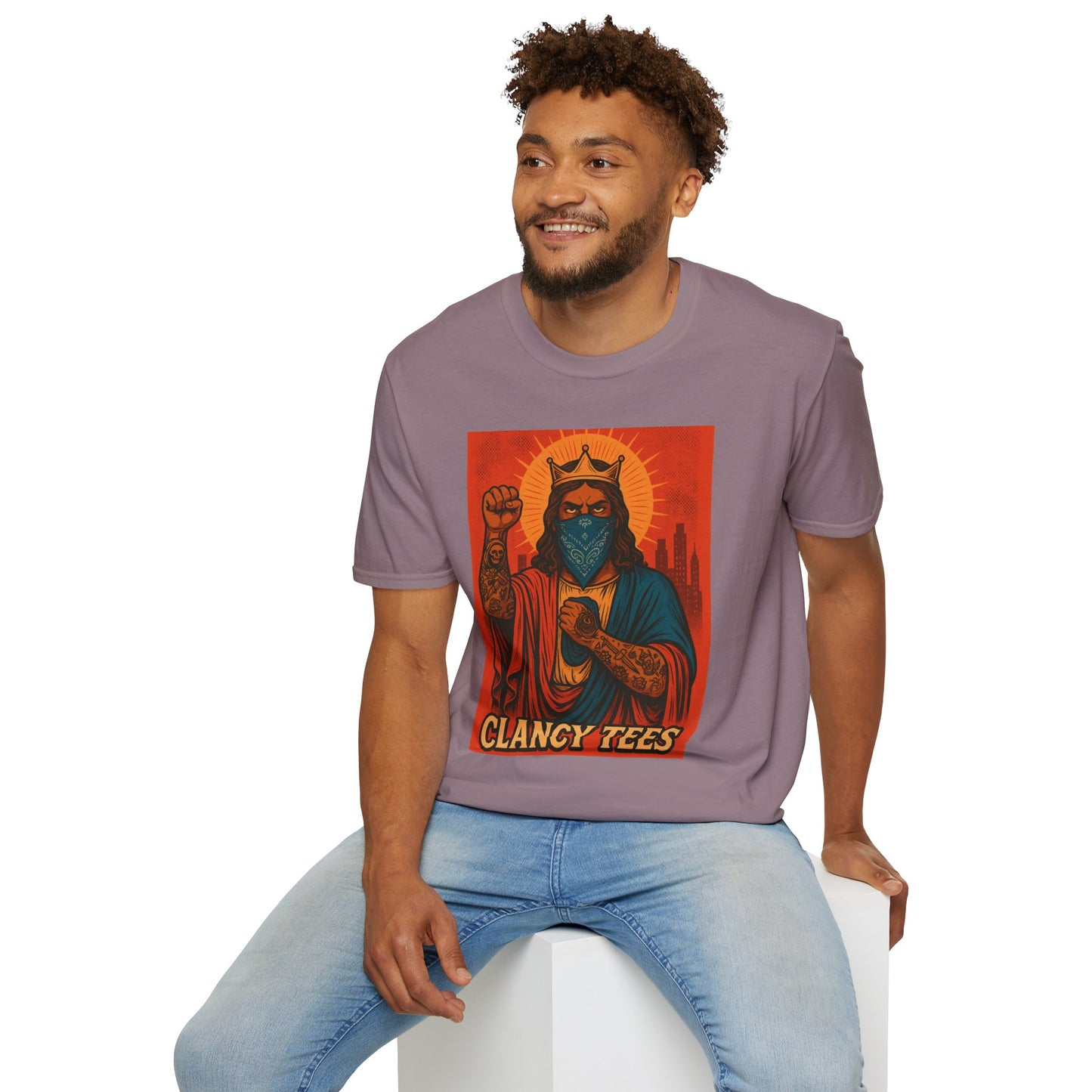 Tattooed Jesus Street Art Shirt – Clancy Tees | Urban Messiah Graphic Tee | Bold Religious Satire Shirt | King of the Block Tee