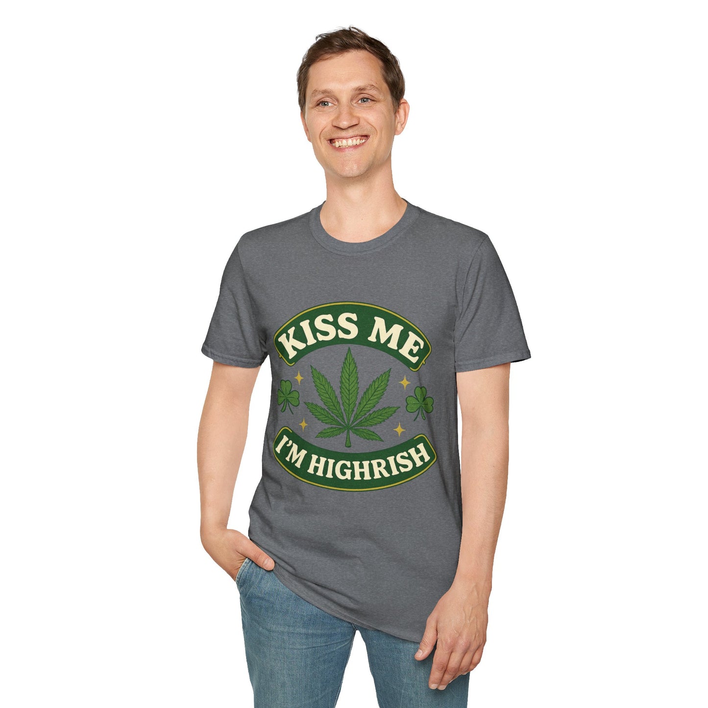 Kiss Me I’m Highrish Shirt – Funny Weed St. Patrick’s Day Tee – Cannabis Leaf Irish Parody Shirt – Gift for Stoner Friends and Green Beer Fans