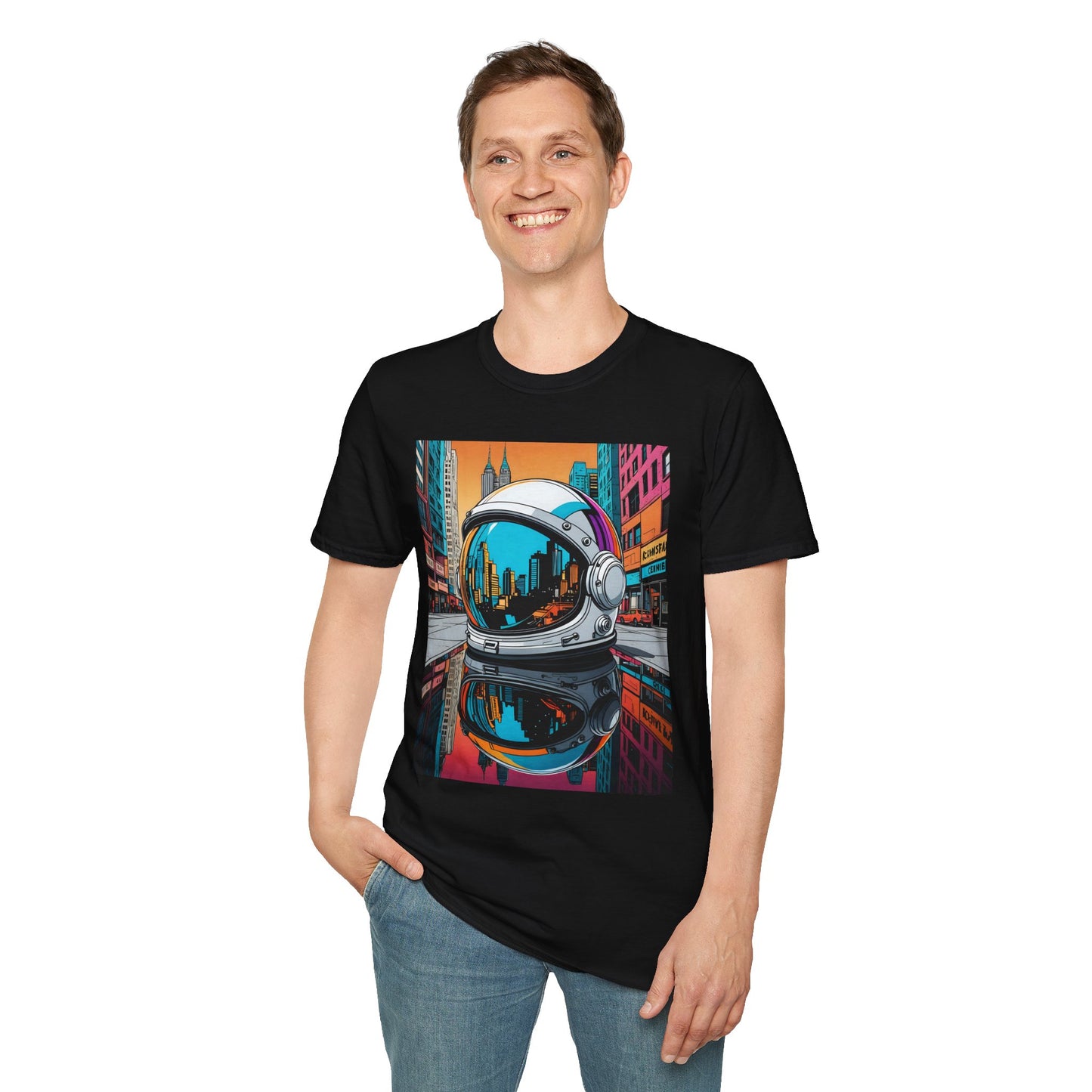 City Astronaut Reflection T-Shirt – Urban Space Art Tee – Gift for Sci-Fi Fans, Streetwear Addicts, and Cosmic Daydreamers