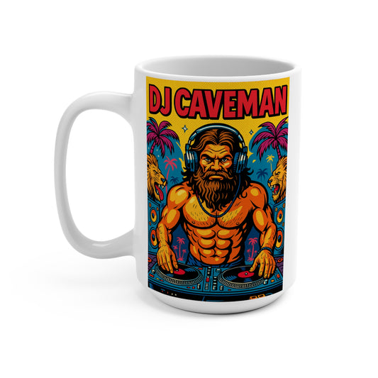 DJ Caveman Mug – Funny Coffee Cup With Prehistoric DJ Artwork, Retro Party Gift For Music Lovers