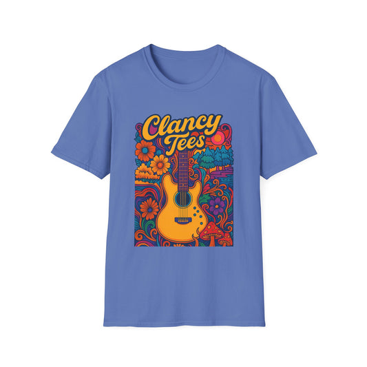 Retro Guitar Graphic T-Shirt for Music Lovers, Vintage Style Tee, Unisex Design, Ideal for Festivals and Gifts, Clancy Tees