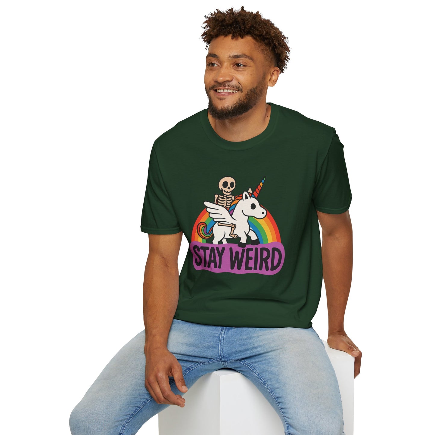 Stay Weird Skeleton Unicorn Shirt – Funny Rainbow Graphic Tee – Whimsical Weirdcore Clothing – Gift for Quirky Friends and Oddball Souls